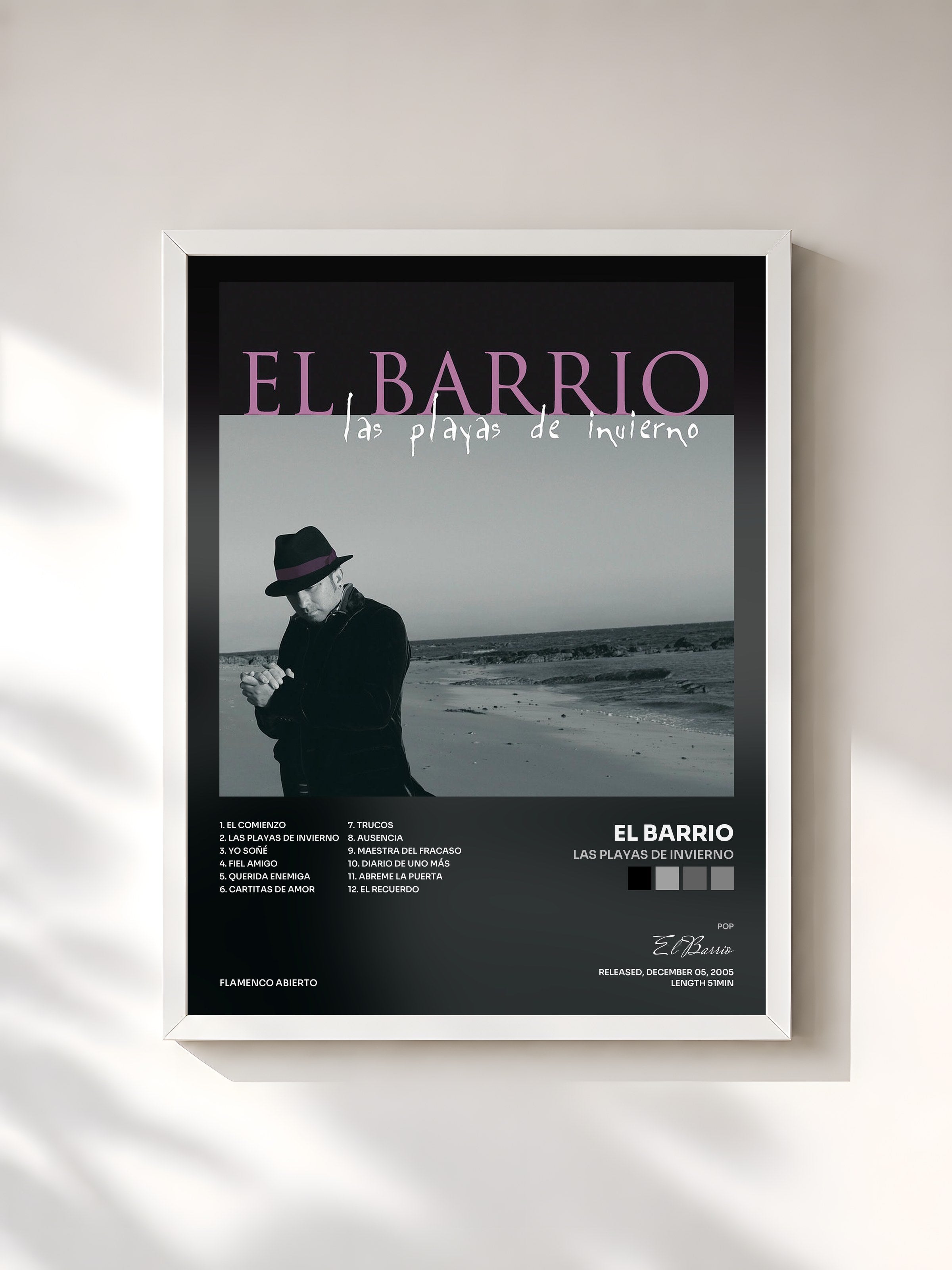 #blanc Tableau de l'album Las Playas de Invierno de El Barrio, cadre blanc, imprimé et encadré en France
