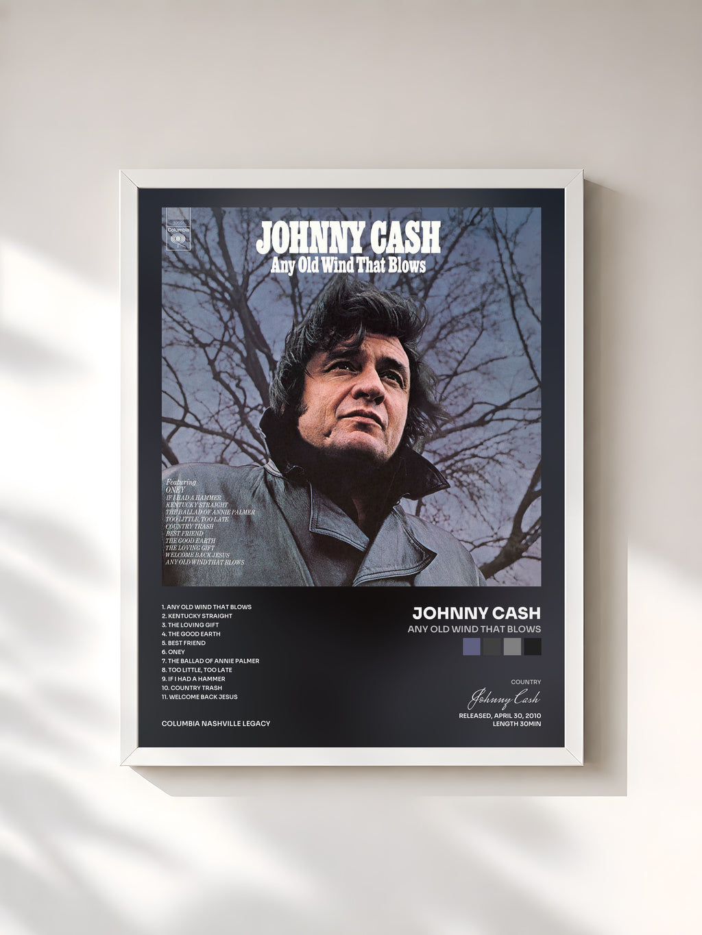 #blanc Tableau de l'album Any Old Wind That Blows de Johnny Cash, cadre blanc, imprimé et encadré en France