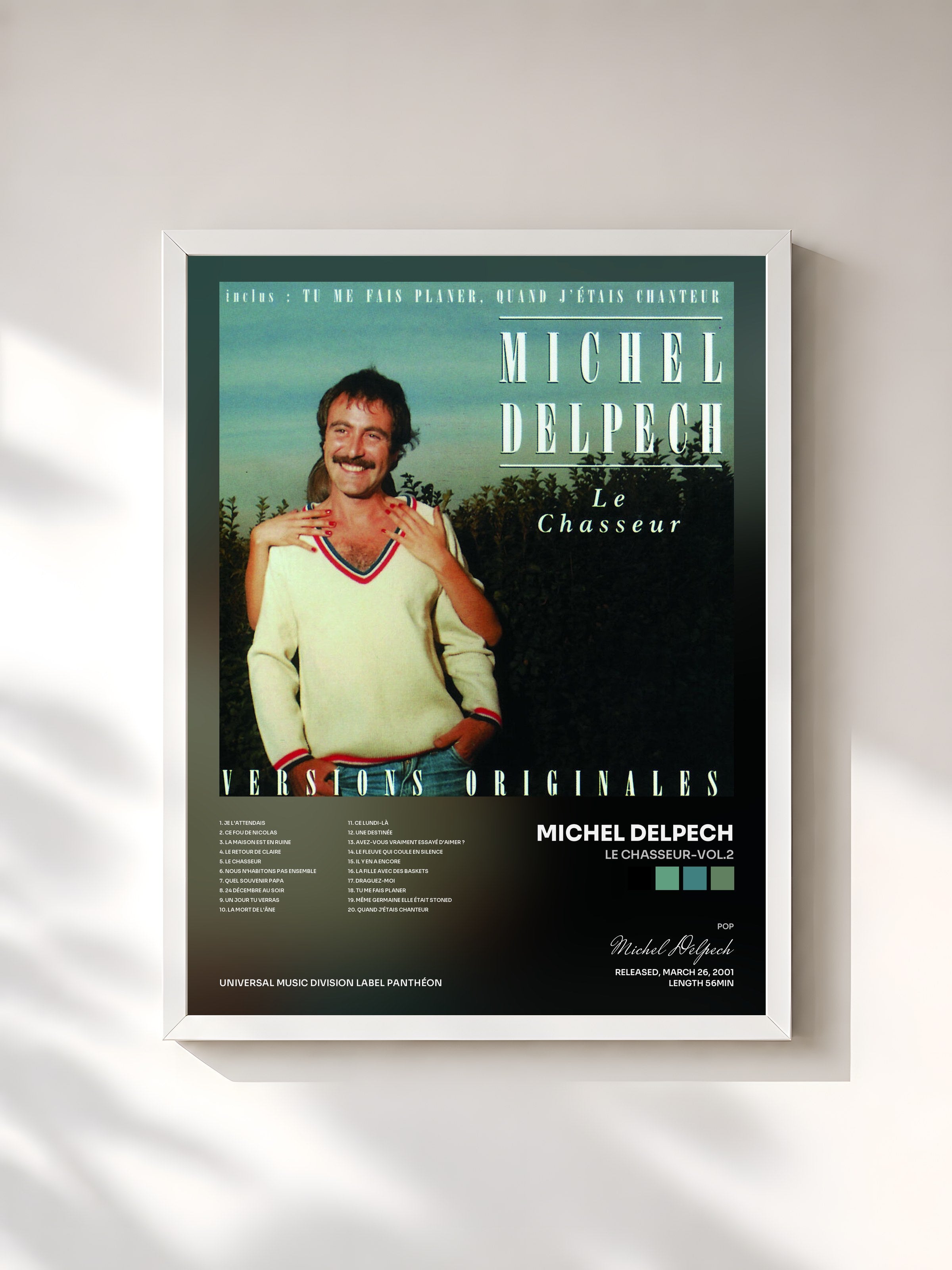 #blanc Tableau de l'album Le Chasseur-Vol.2 de Michel Delpech, cadre blanc, imprimé et encadré en France