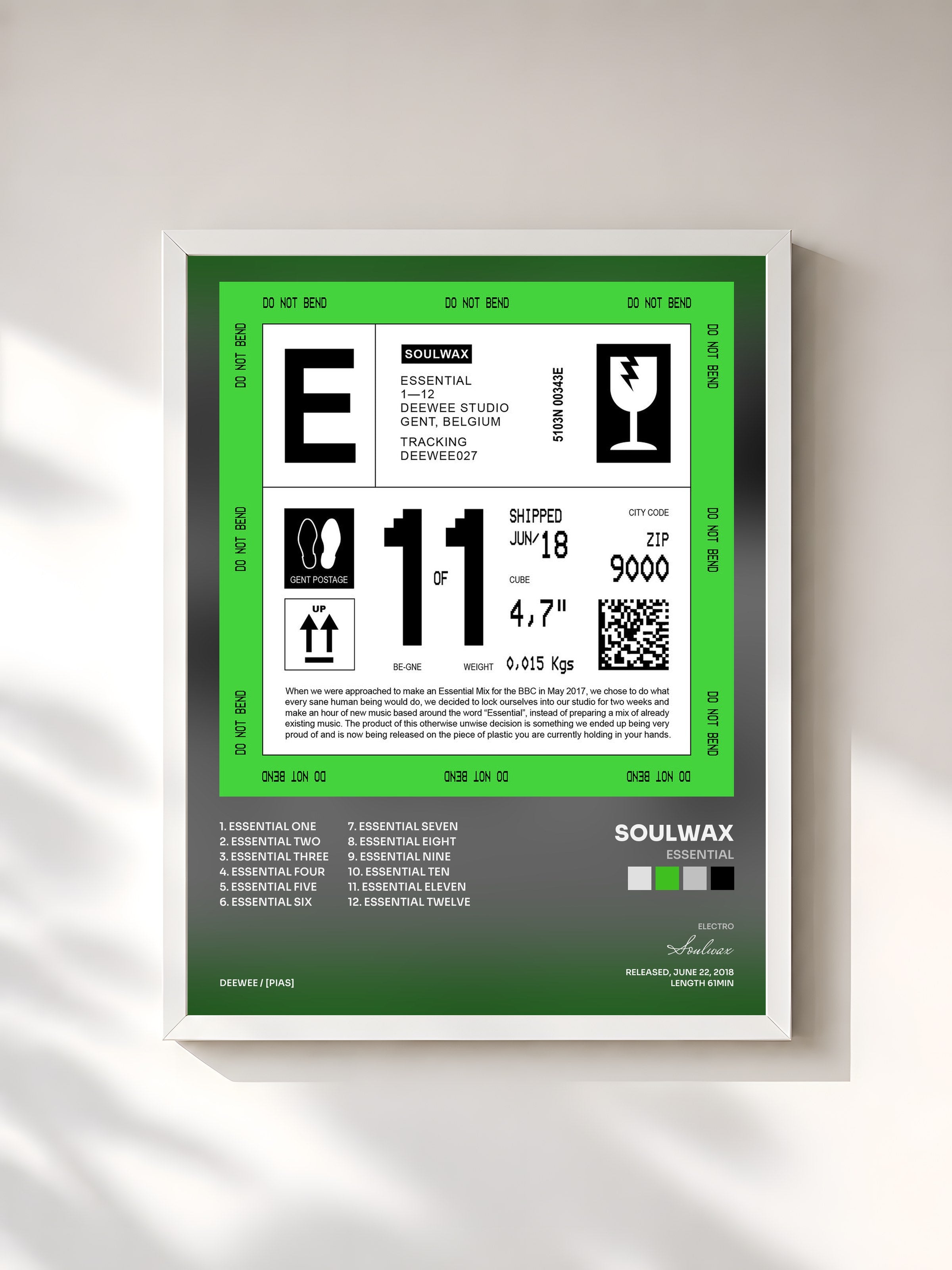 #blanc Tableau de l'album ESSENTIAL de Soulwax, cadre blanc, imprimé et encadré en France