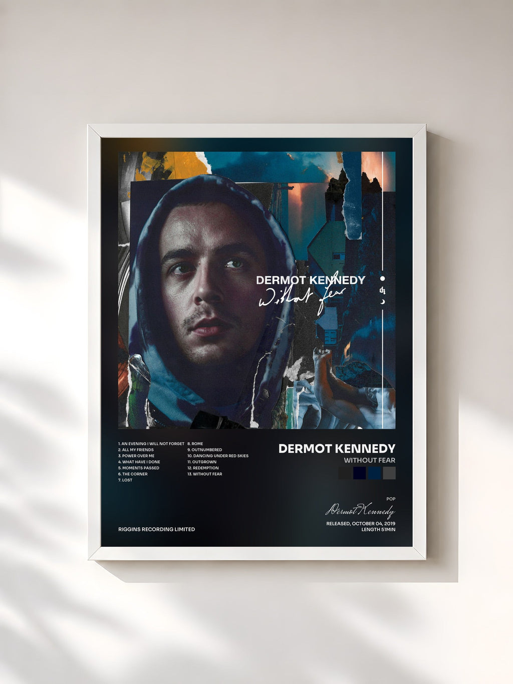 #blanc Tableau de l'album Without Fear de Dermot Kennedy, cadre blanc, imprimé et encadré en France