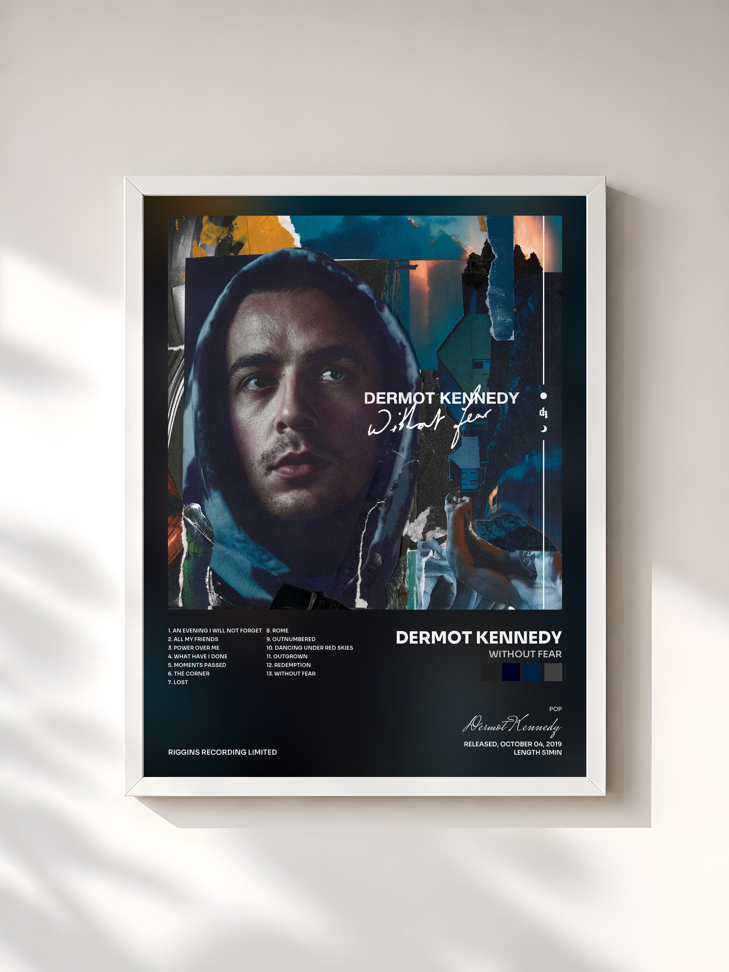 #blanc Tableau de l'album Without Fear de Dermot Kennedy, cadre blanc, imprimé et encadré en France