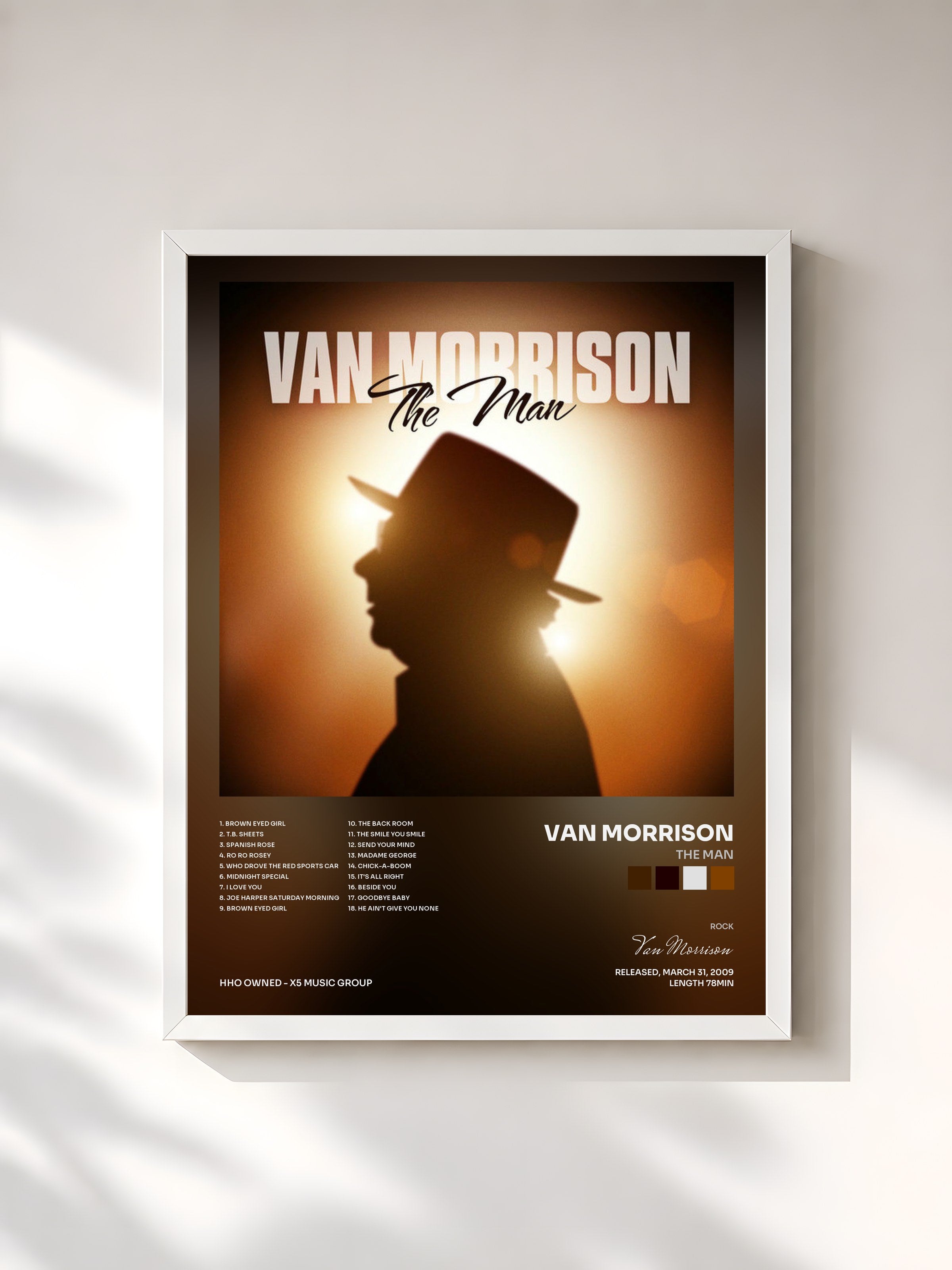 #blanc Tableau de l'album The Man de Van Morrison, cadre blanc, imprimé et encadré en France