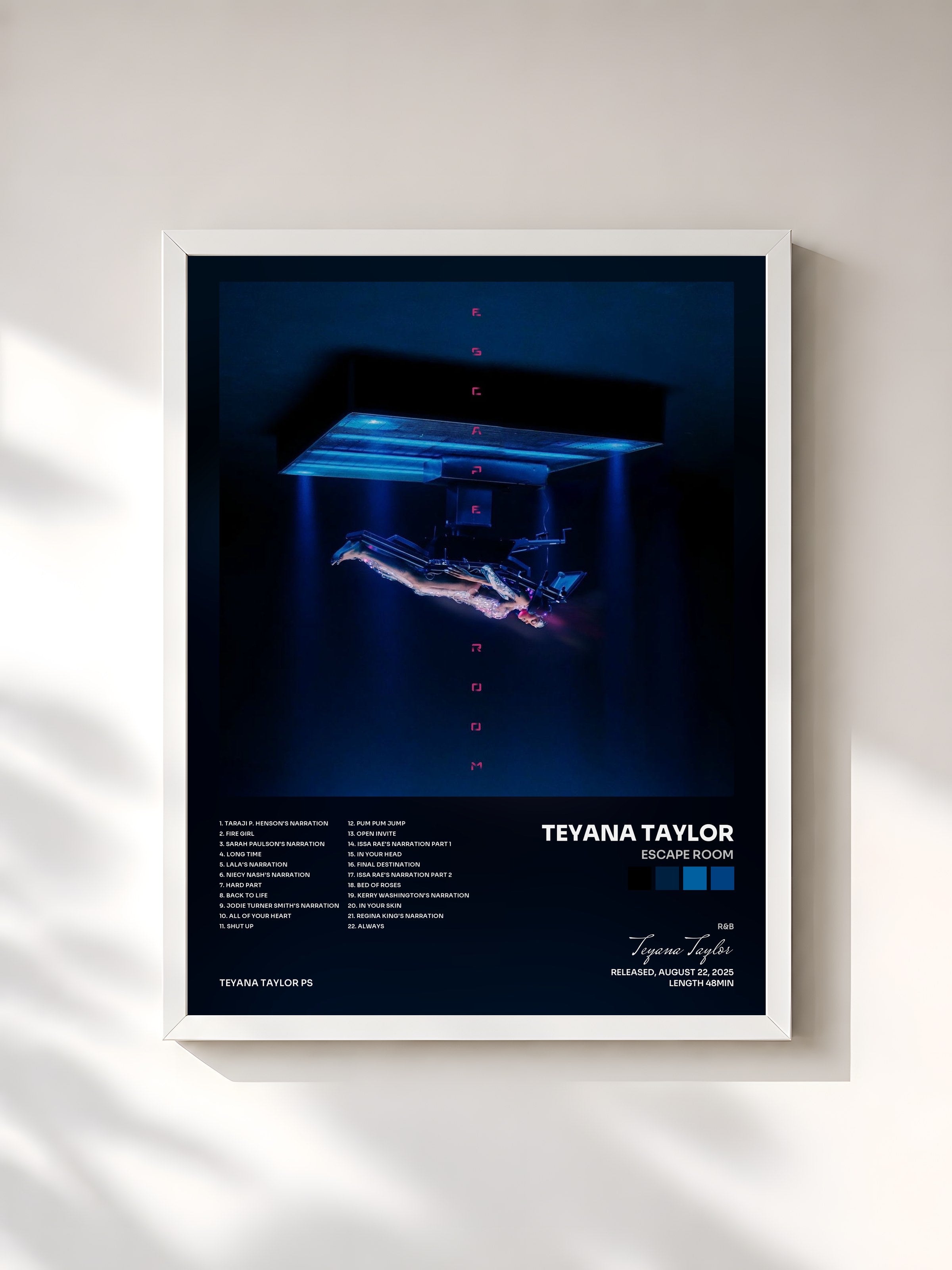 #blanc Tableau de l'album Escape Room de Teyana Taylor, cadre blanc, imprimé et encadré en France