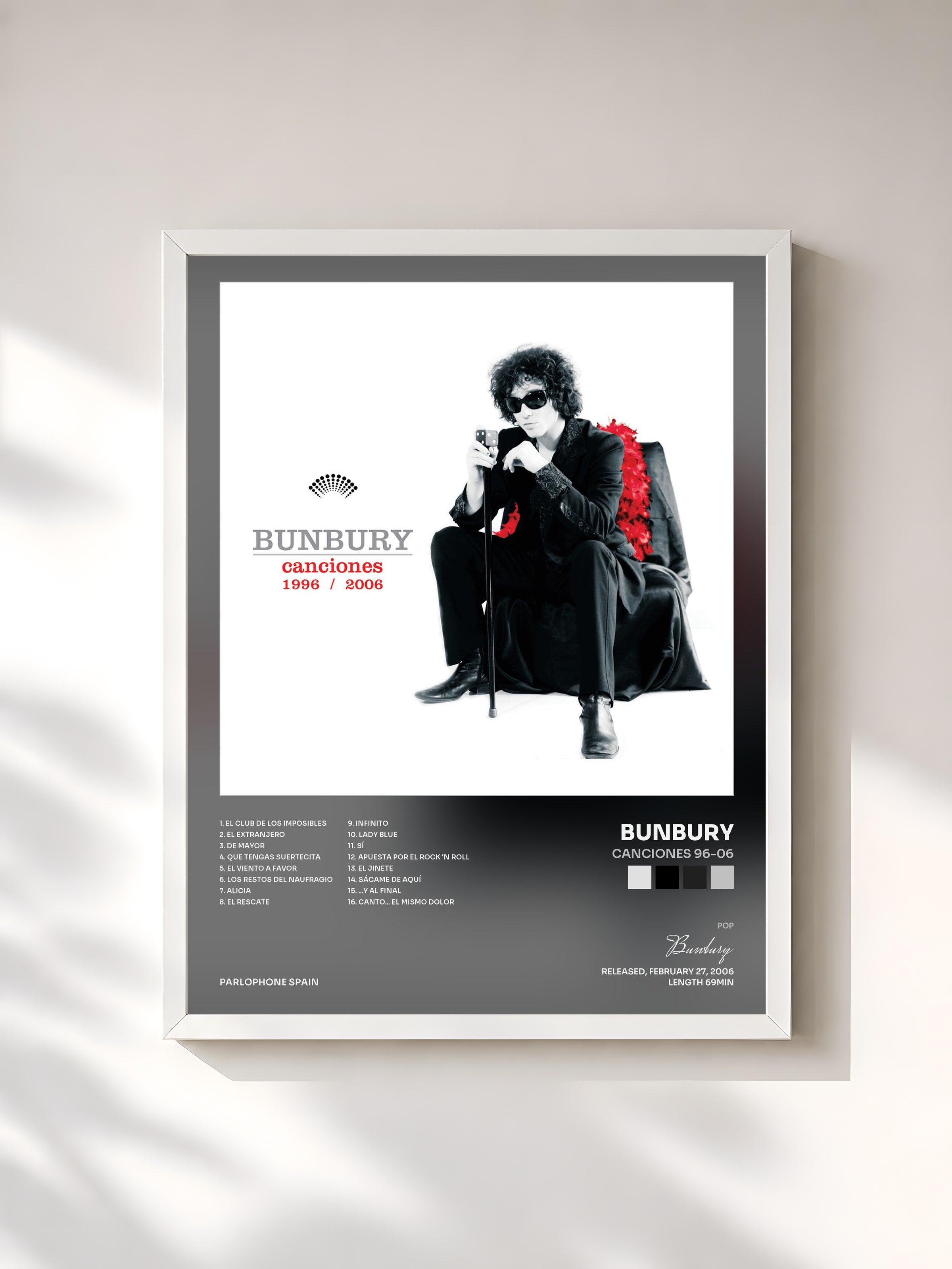 #blanc Tableau de l'album Canciones 96-06 de Bunbury, cadre blanc, imprimé et encadré en France
