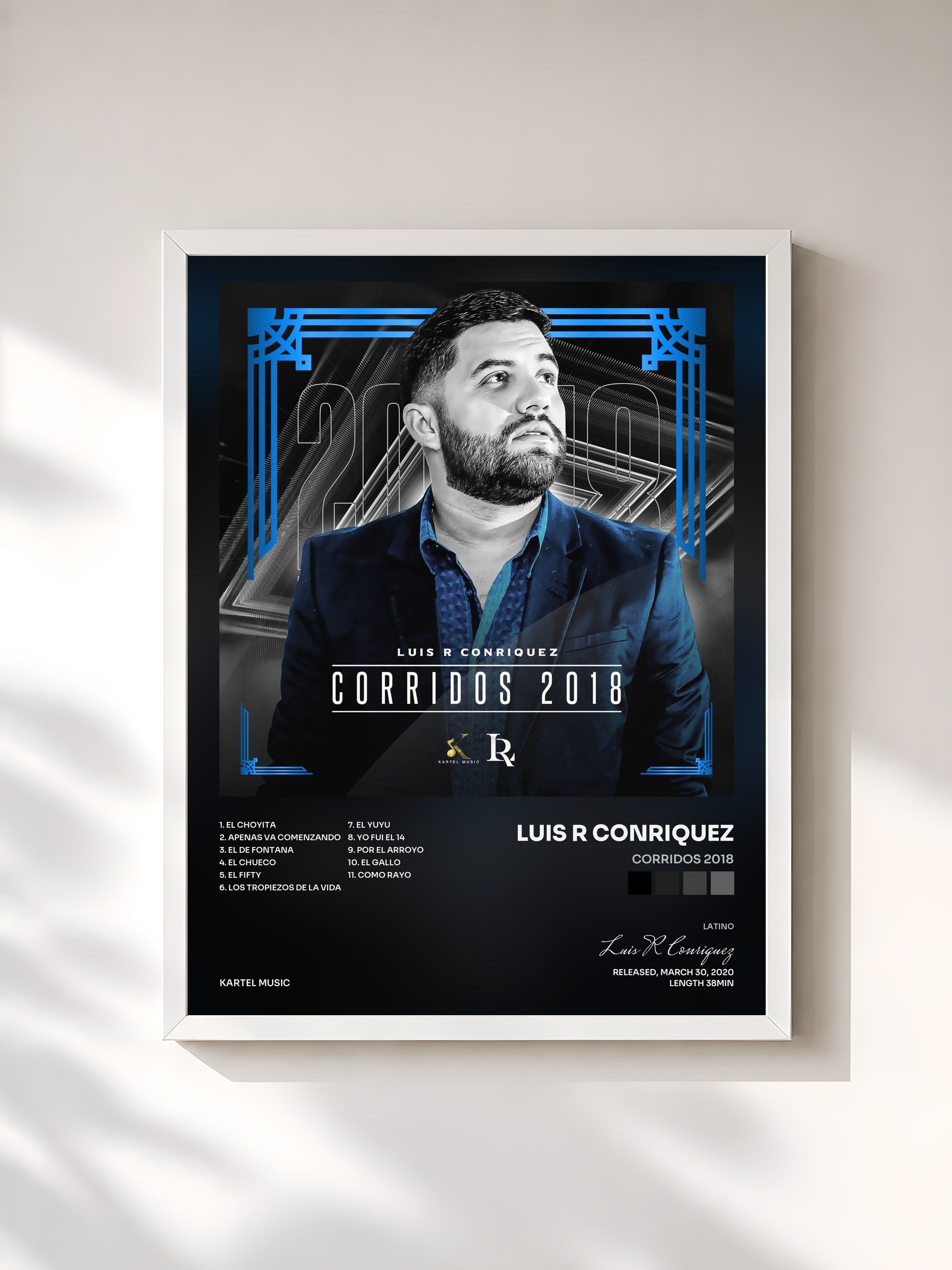 #blanc Tableau de l'album Corridos 2018 de Luis R Conriquez, cadre blanc, imprimé et encadré en France