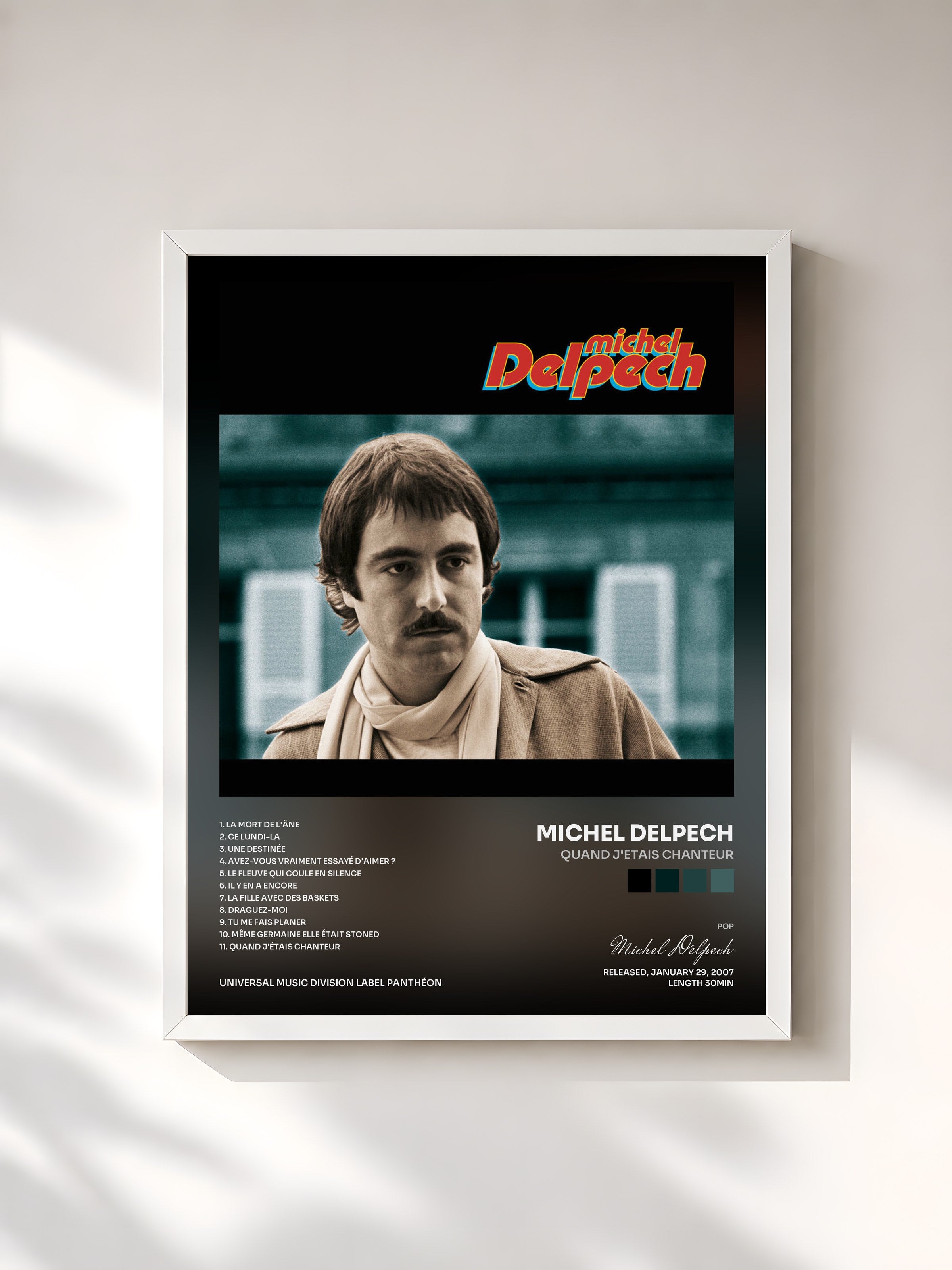 #blanc Tableau de l'album Quand J'Etais Chanteur de Michel Delpech, cadre blanc, imprimé et encadré en France