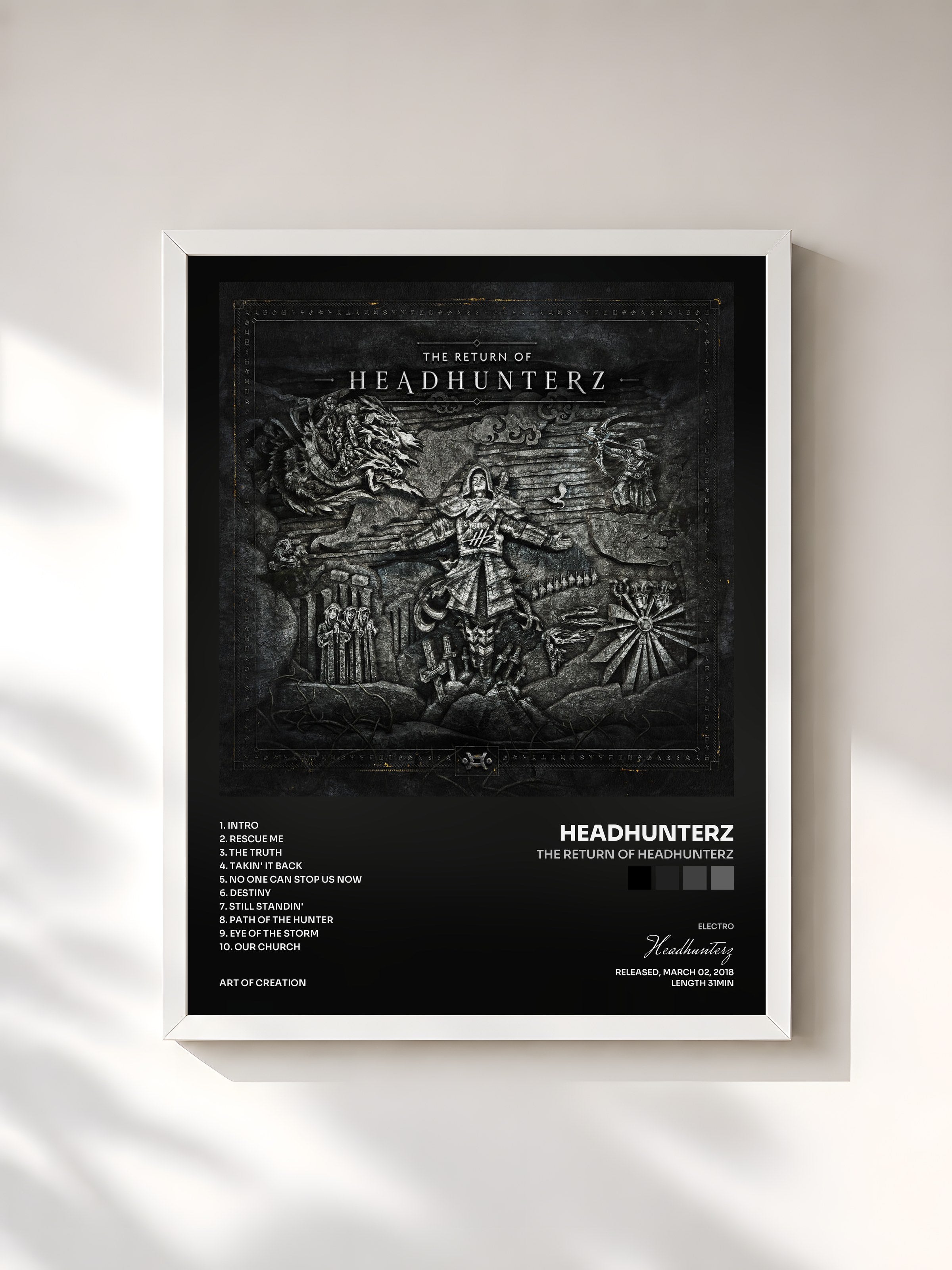 #blanc Tableau de l'album The Return Of Headhunterz de Headhunterz, cadre blanc, imprimé et encadré en France
