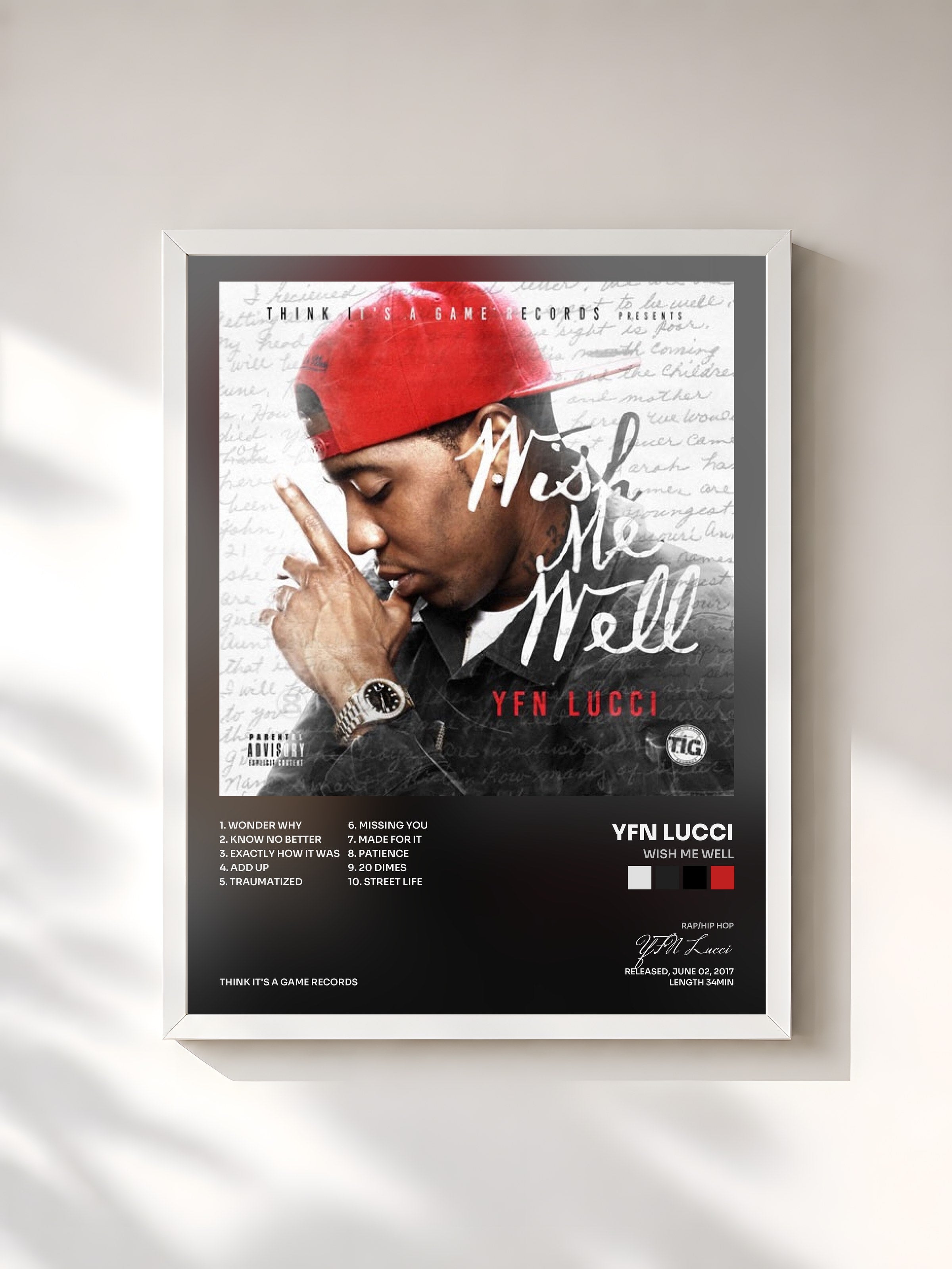 #blanc Tableau de l'album Wish Me Well de YFN Lucci, cadre blanc, imprimé et encadré en France