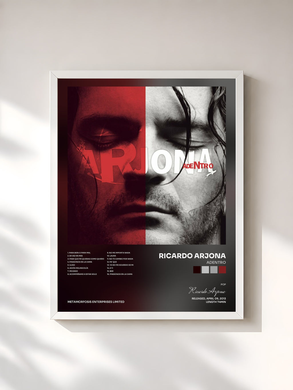 #blanc Tableau de l'album Adentro de Ricardo Arjona, cadre blanc, imprimé et encadré en France