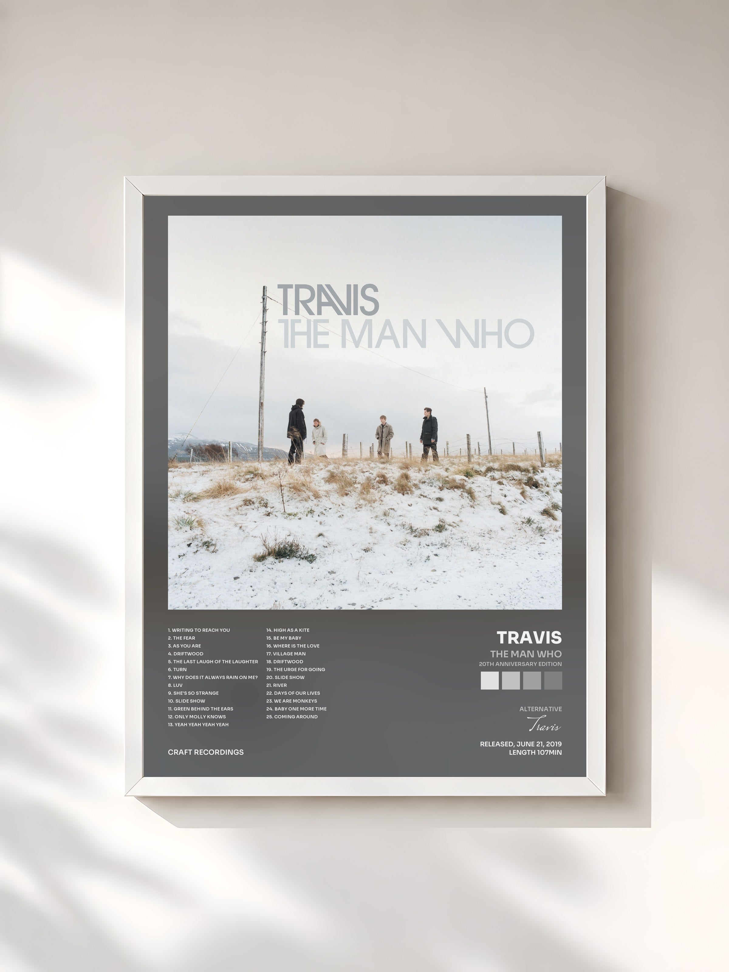 #blanc Tableau de l'album The Man Who (20th Anniversary Edition) de Travis, cadre blanc, imprimé et encadré en France