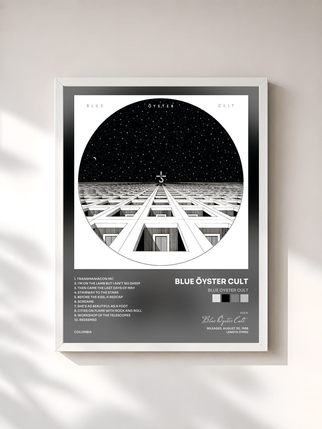 #blanc Blue Oyster Cult by Blue Öyster Cult as a framed art print, white frame, printed and framed in France
