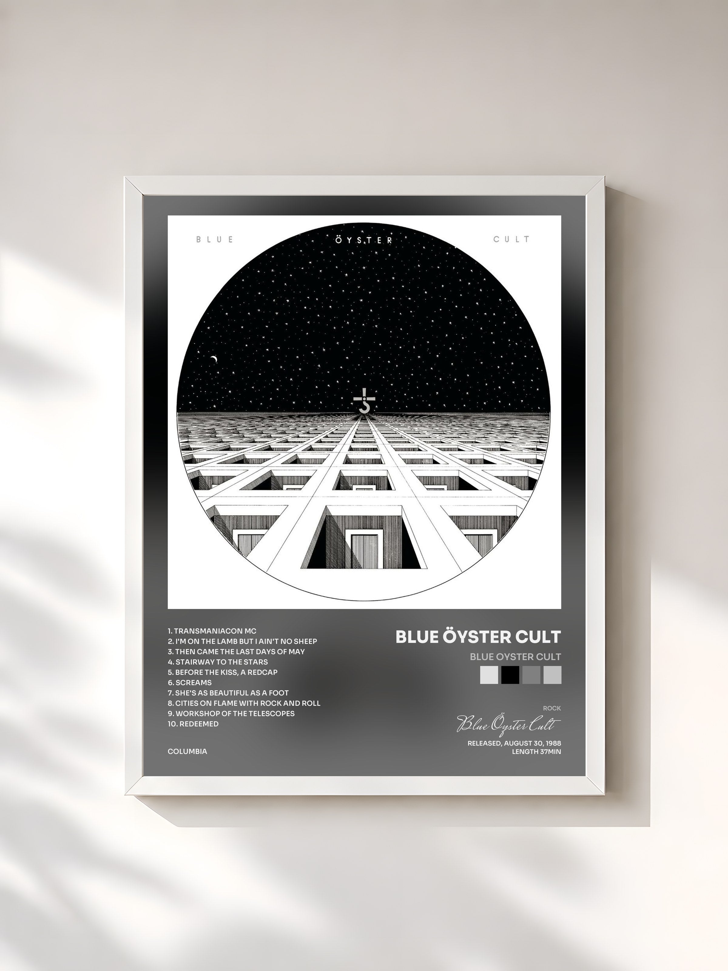 #blanc Tableau de l'album Blue Oyster Cult de Blue Öyster Cult, cadre blanc, imprimé et encadré en France