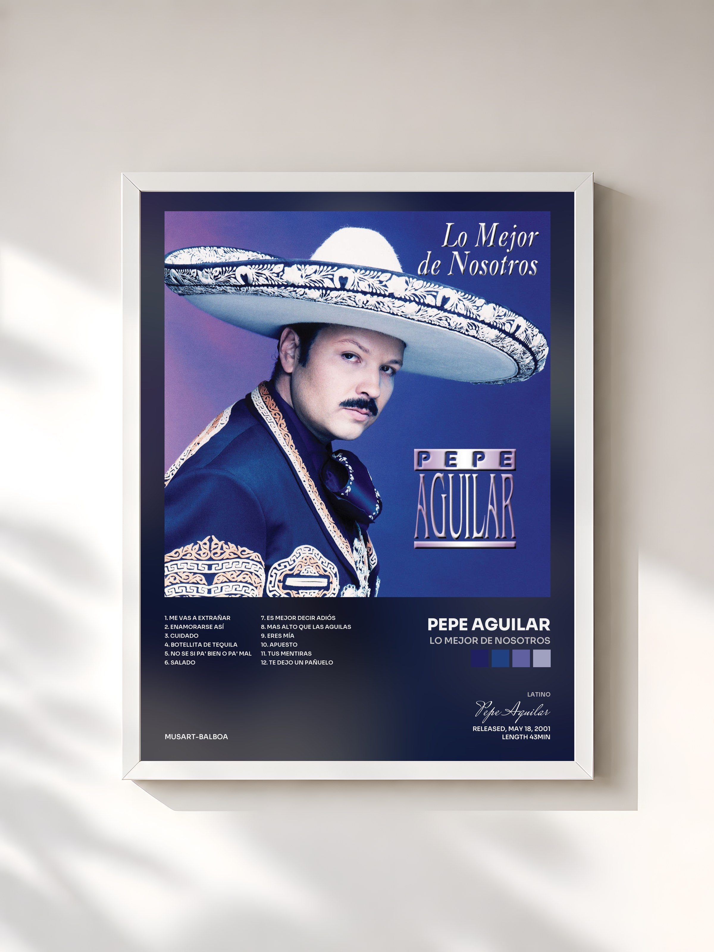 #blanc Tableau de l'album Lo Mejor De Nosotros de Pepe Aguilar, cadre blanc, imprimé et encadré en France