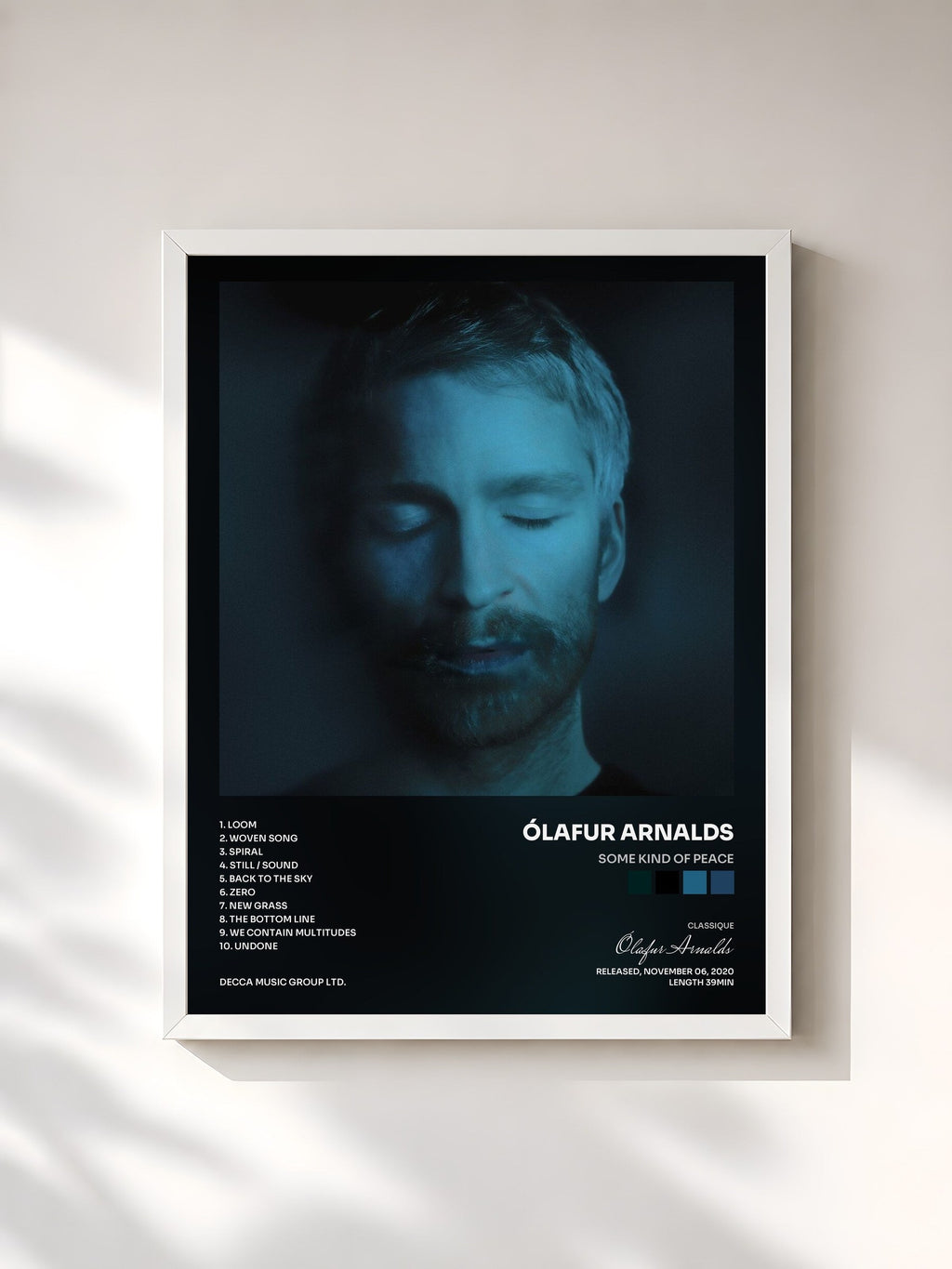 #blanc Tableau de l'album some kind of peace de Ólafur Arnalds, cadre blanc, imprimé et encadré en France