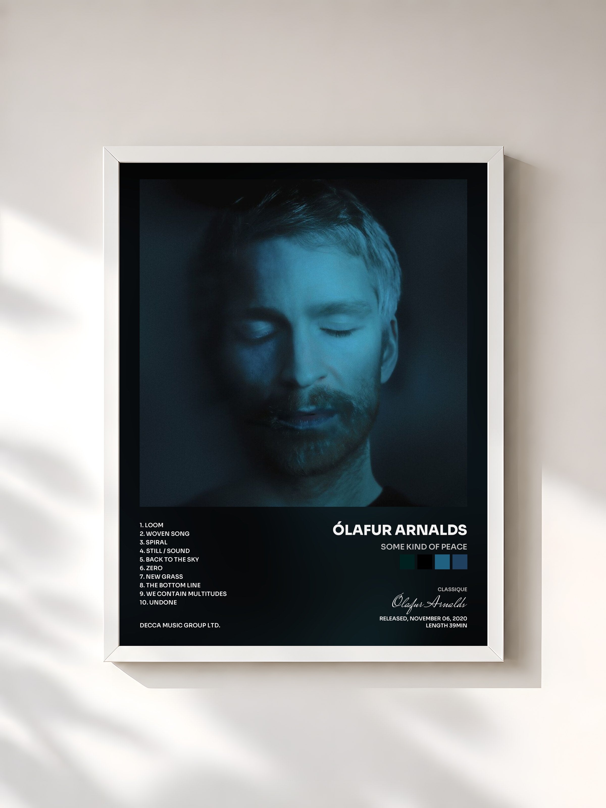 #blanc Tableau de l'album some kind of peace de Ólafur Arnalds, cadre blanc, imprimé et encadré en France