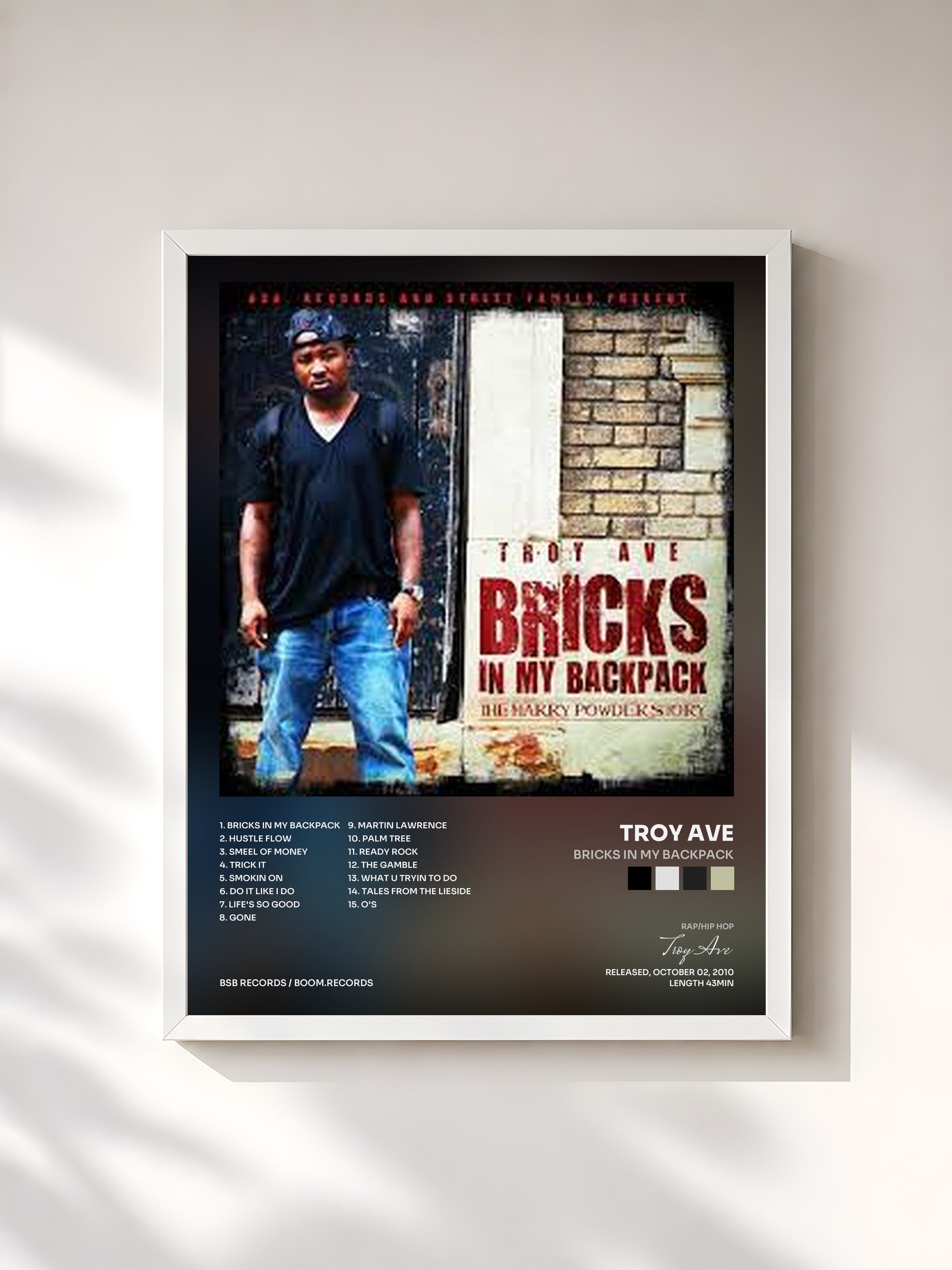 #blanc Tableau de l'album Bricks In My Backpack de Troy Ave, cadre blanc, imprimé et encadré en France