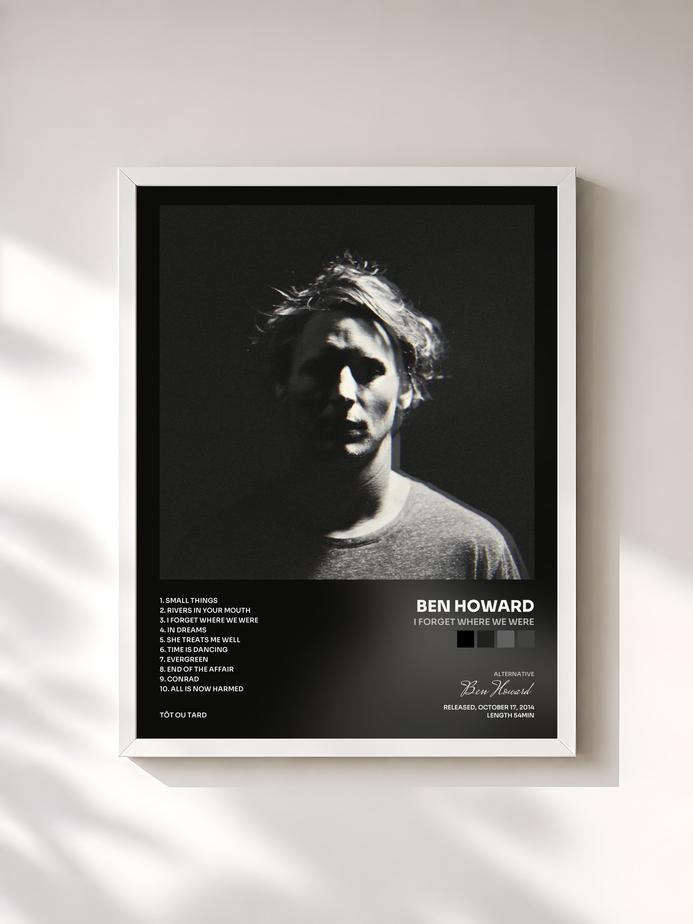#blanc Tableau de l'album I Forget Where We Were de Ben Howard, cadre blanc, imprimé et encadré en France