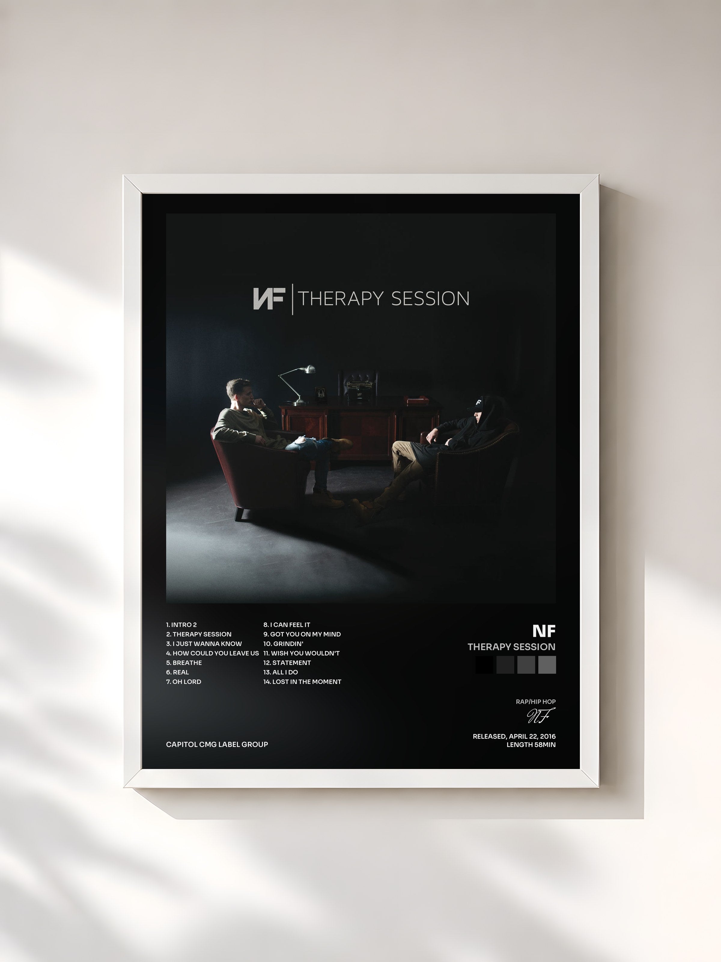 #blanc Tableau de l'album Therapy Session de NF, cadre blanc, imprimé et encadré en France
