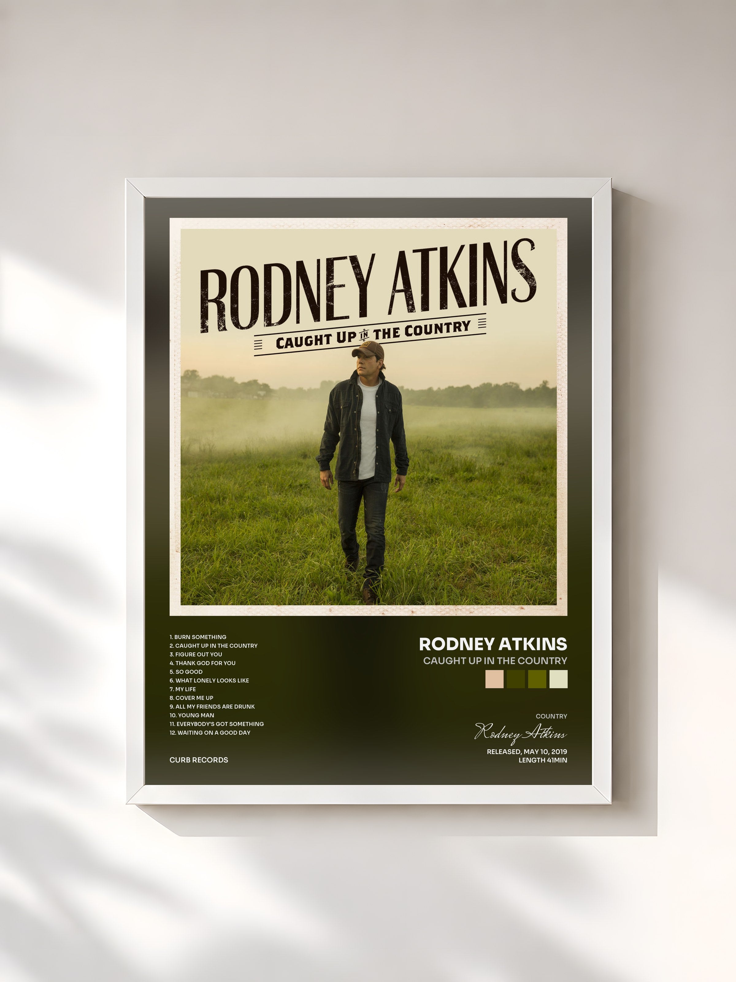 #blanc Tableau de l'album Caught Up In The Country de Rodney Atkins, cadre blanc, imprimé et encadré en France