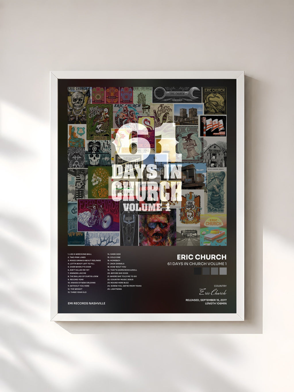 #blanc 61 Days In Church Volume 1 by Eric Church as a framed art print, white frame, printed and framed in France