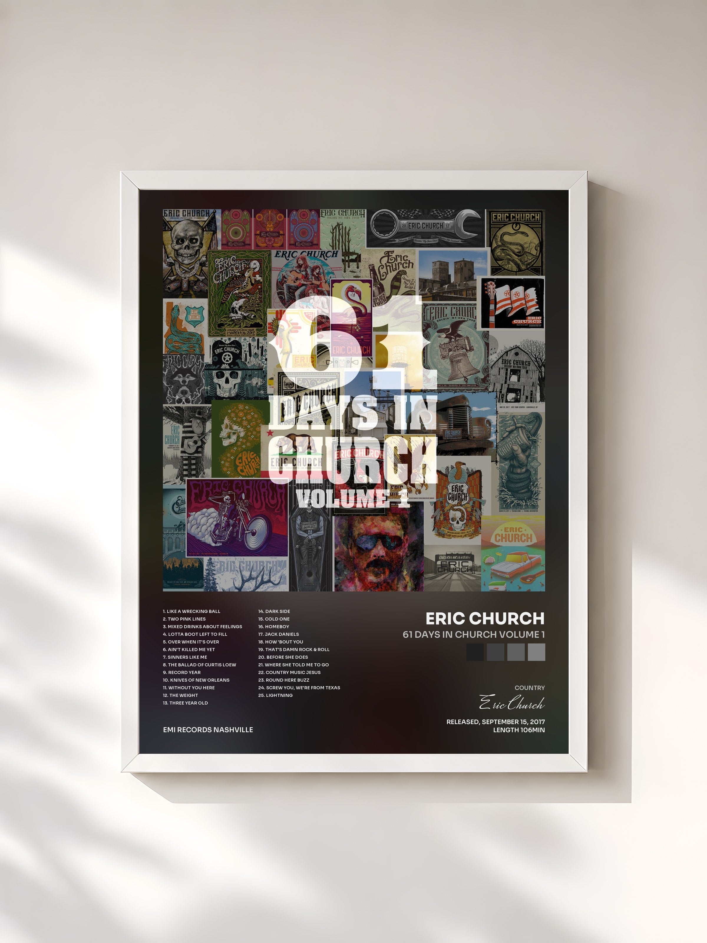 #blanc Tableau de l'album 61 Days In Church Volume 1 de Eric Church, cadre blanc, imprimé et encadré en France