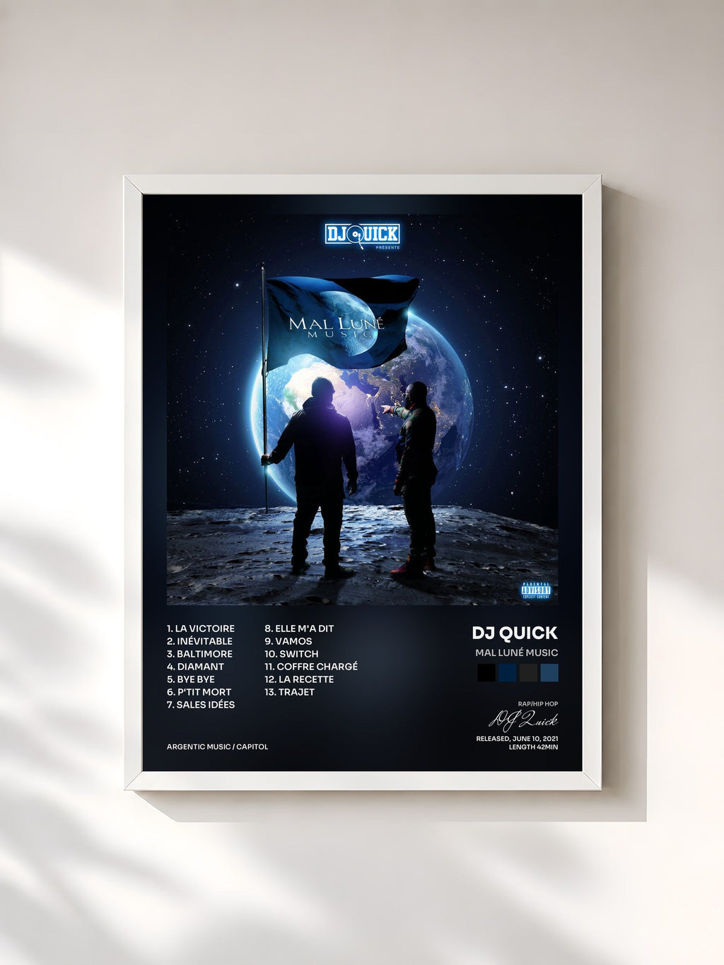 #blanc Tableau de l'album Mal Luné Music de DJ Quick, cadre blanc, imprimé et encadré en France