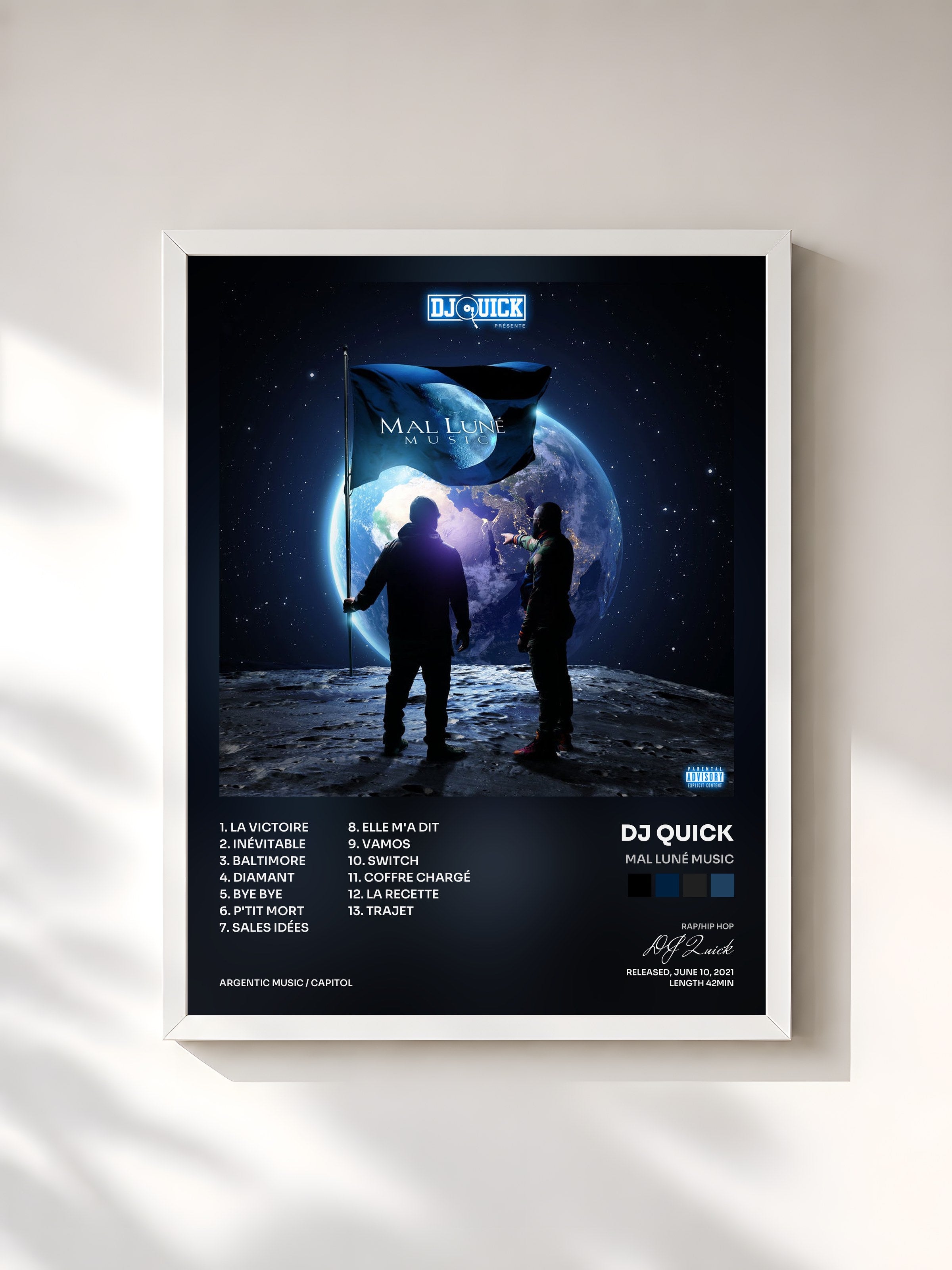 #blanc Tableau de l'album Mal Luné Music de DJ Quick, cadre blanc, imprimé et encadré en France