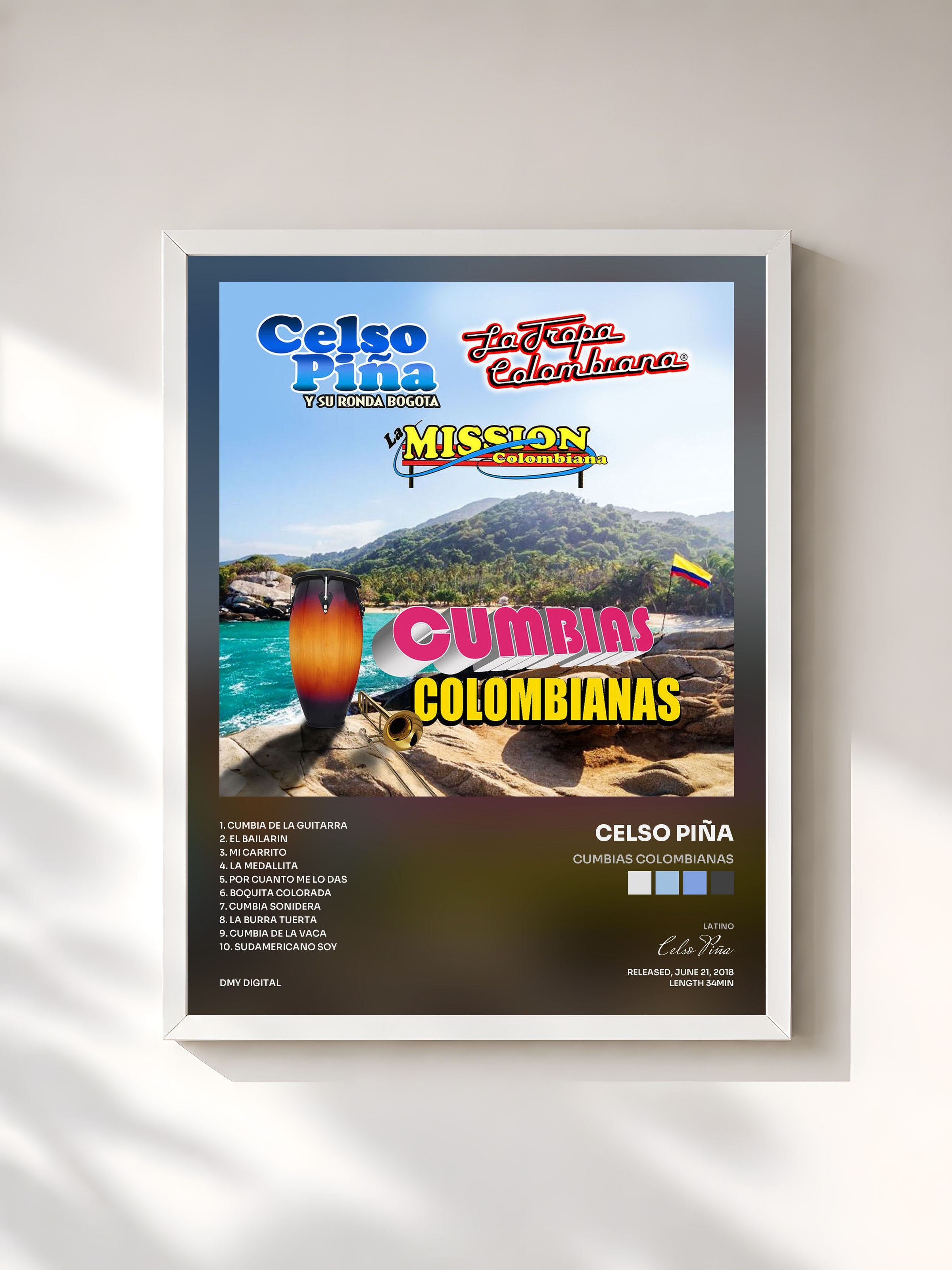#blanc Tableau de l'album Cumbias Colombianas de Celso Piña, cadre blanc, imprimé et encadré en France