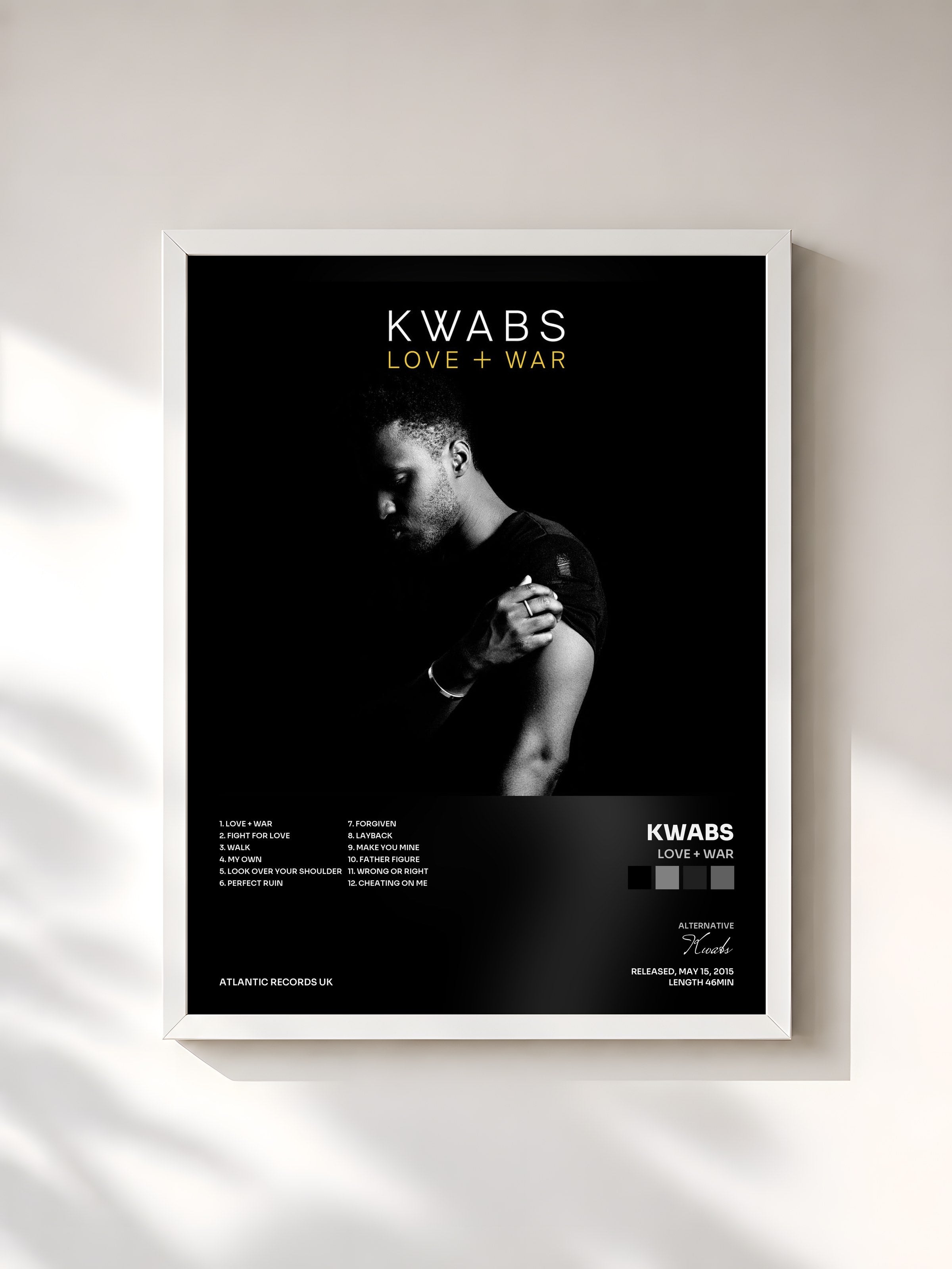 #blanc Tableau de l'album Love + War de Kwabs, cadre blanc, imprimé et encadré en France