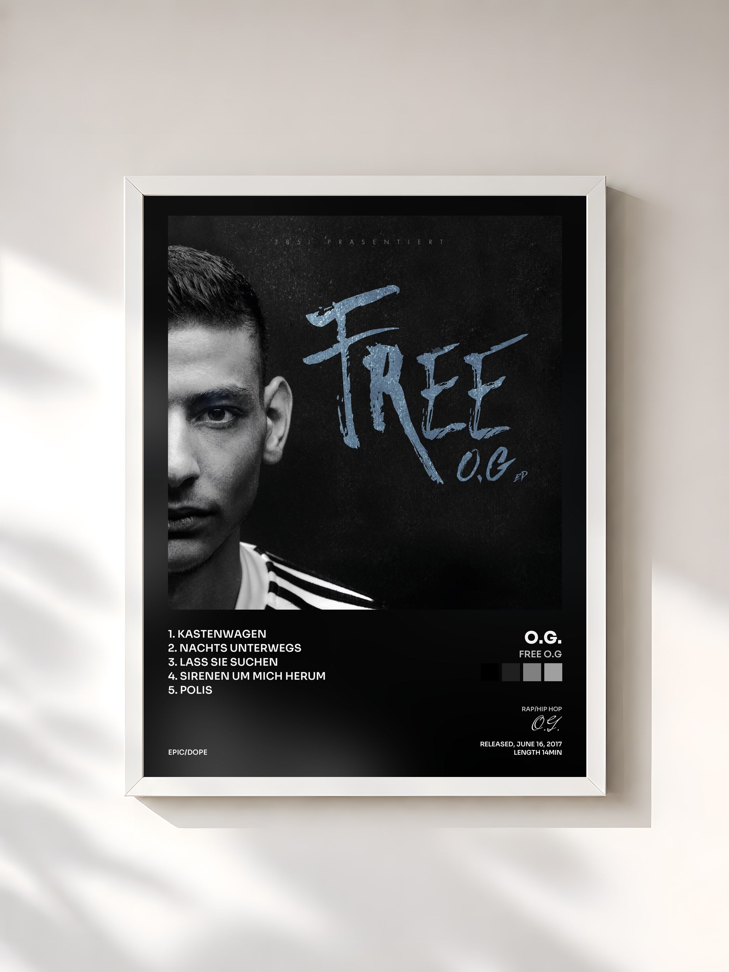 #blanc Tableau de l'album Free O.G de O.G., cadre blanc, imprimé et encadré en France