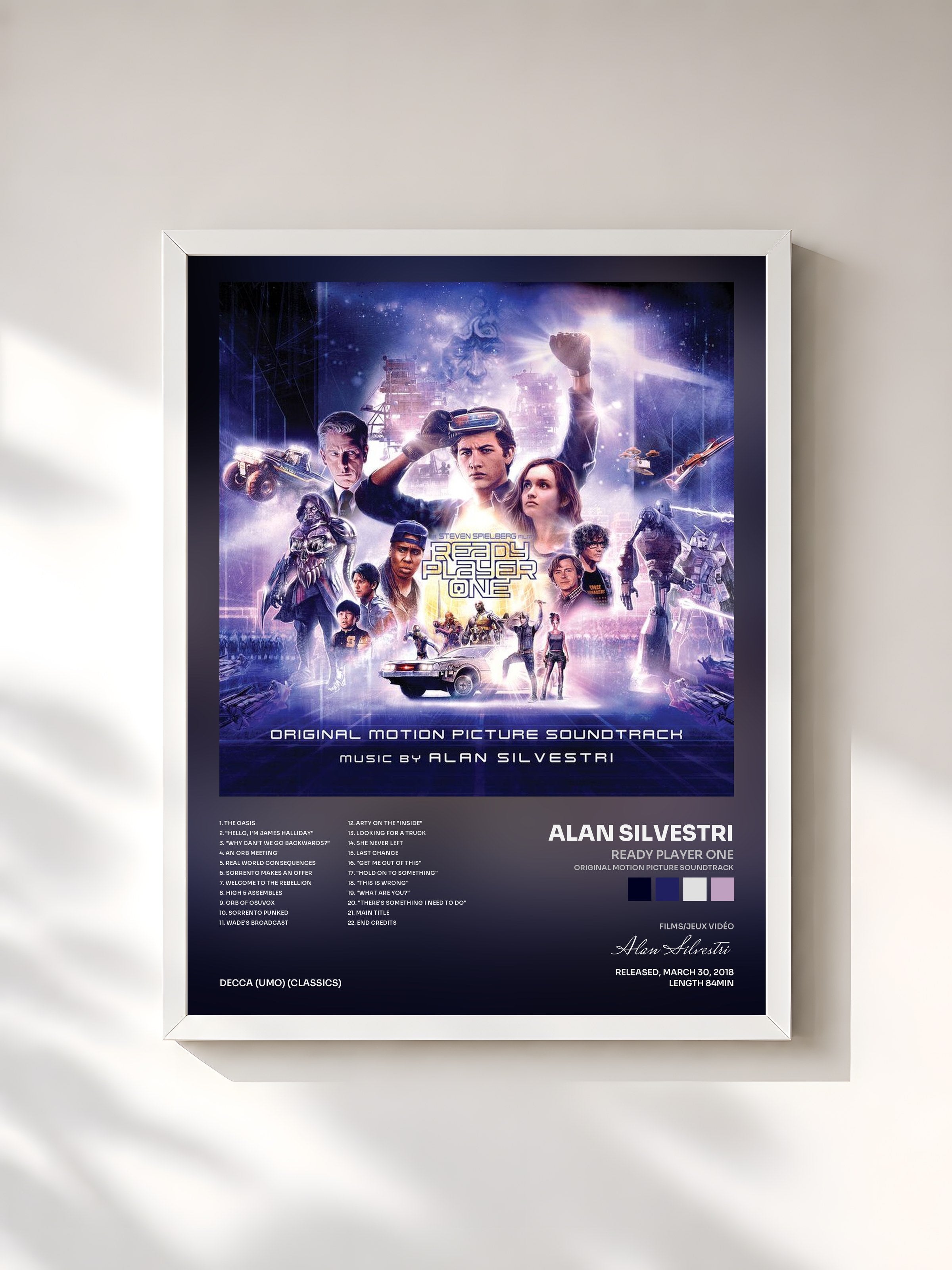 #blanc Tableau de l'album Ready Player One (Original Motion Picture Soundtrack) de Alan Silvestri, cadre blanc, imprimé et encadré en France