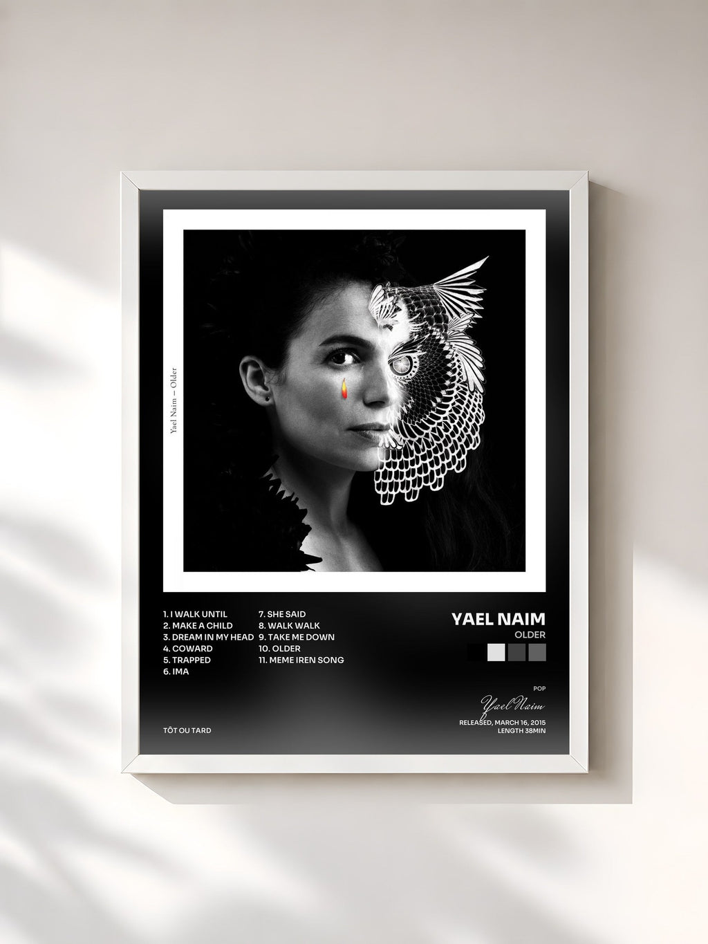 #blanc Tableau de l'album Older de Yael Naim, cadre blanc, imprimé et encadré en France