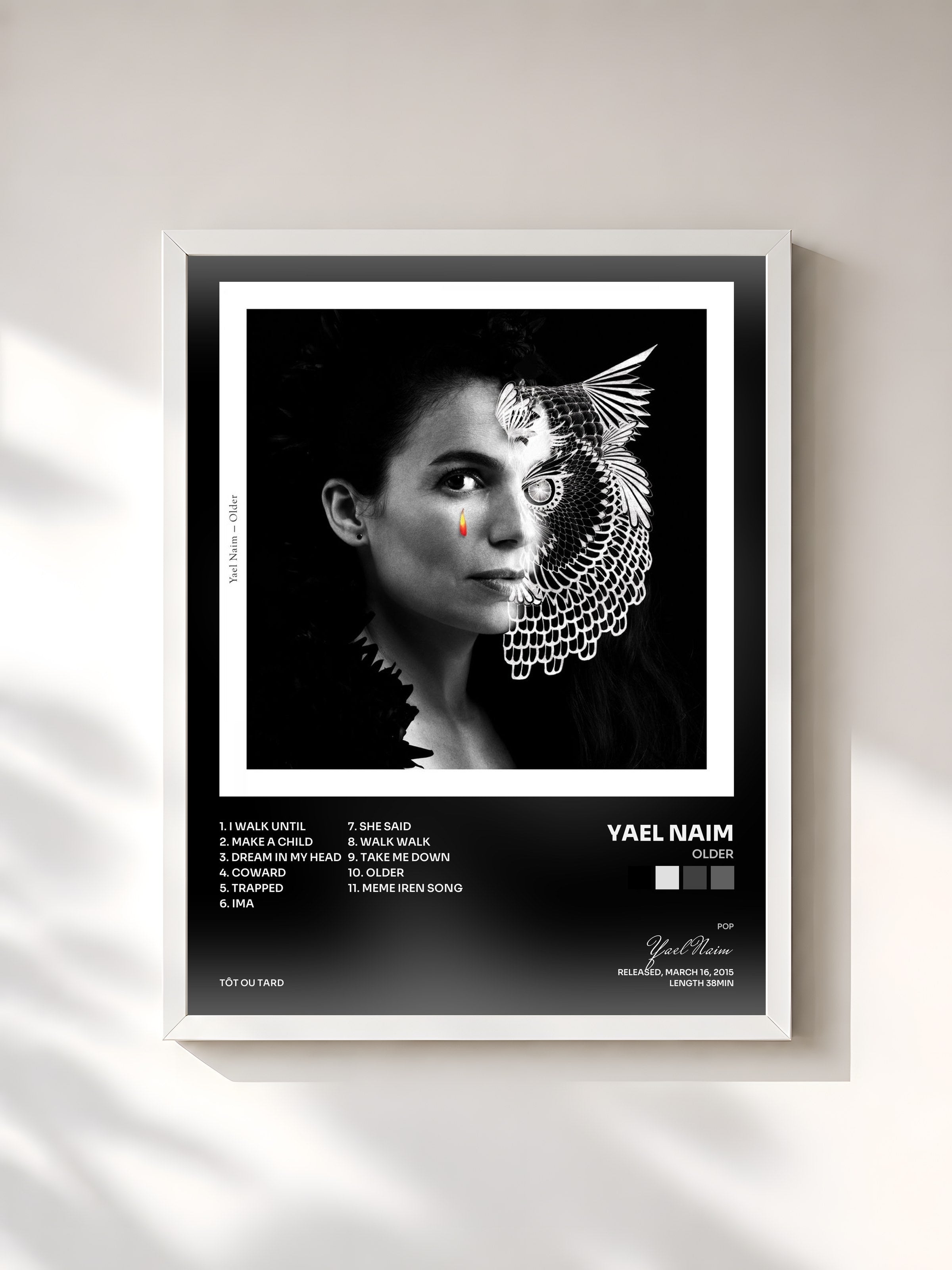 #blanc Tableau de l'album Older de Yael Naim, cadre blanc, imprimé et encadré en France