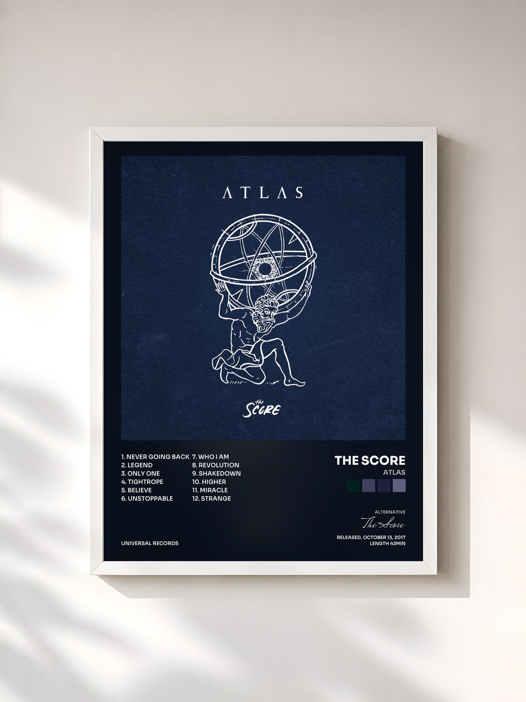 #blanc Tableau de l'album ATLAS de The Score, cadre blanc, imprimé et encadré en France