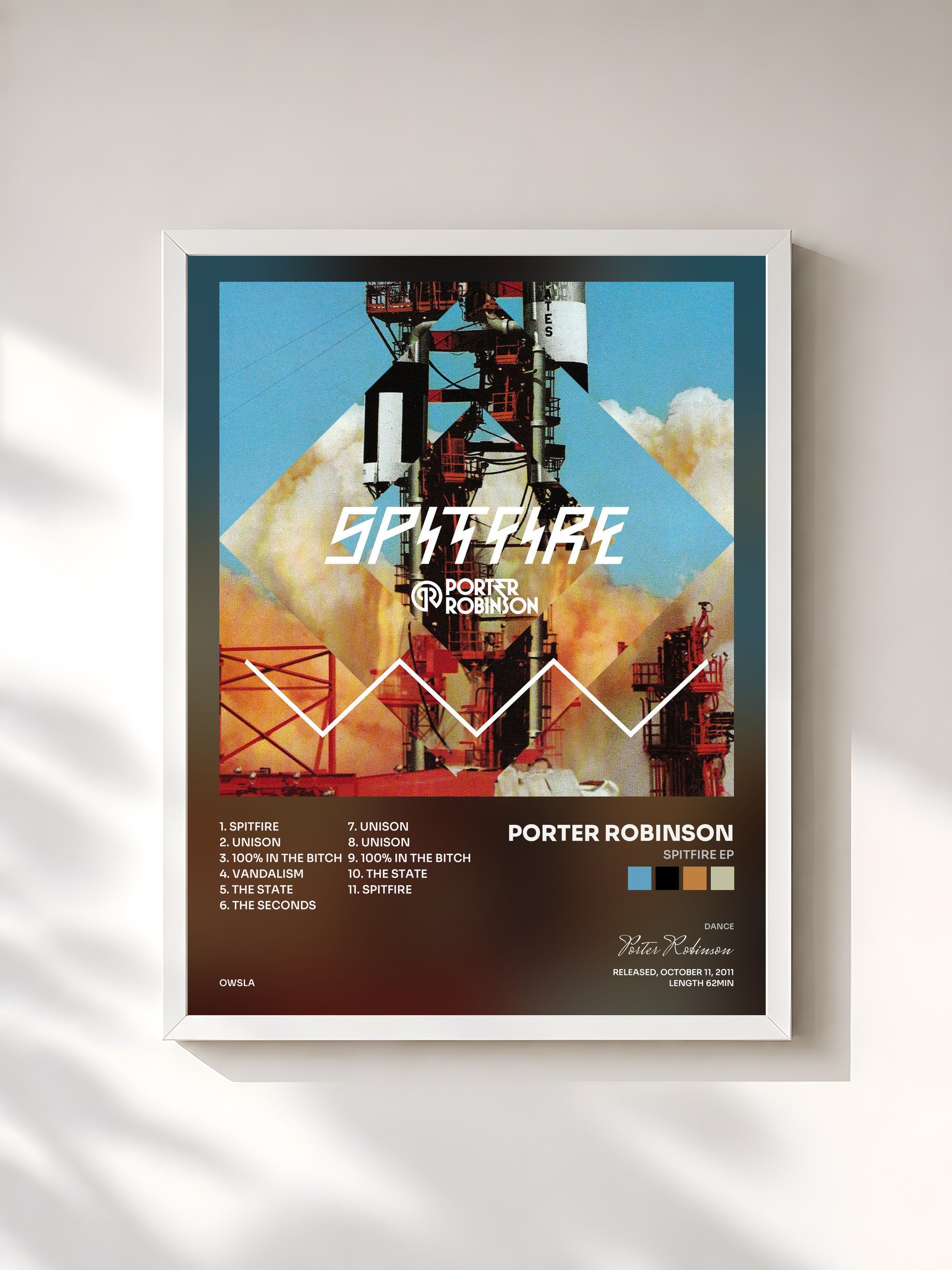 #blanc Tableau de l'album Spitfire EP de Porter Robinson, cadre blanc, imprimé et encadré en France