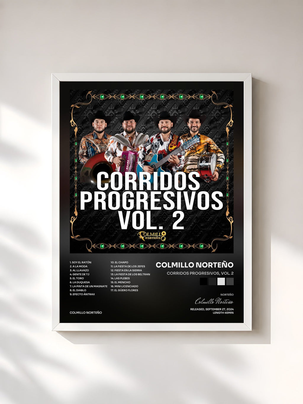 #blanc Tableau de l'album Corridos Progresivos, Vol. 2 de Colmillo Norteño, cadre blanc, imprimé et encadré en France