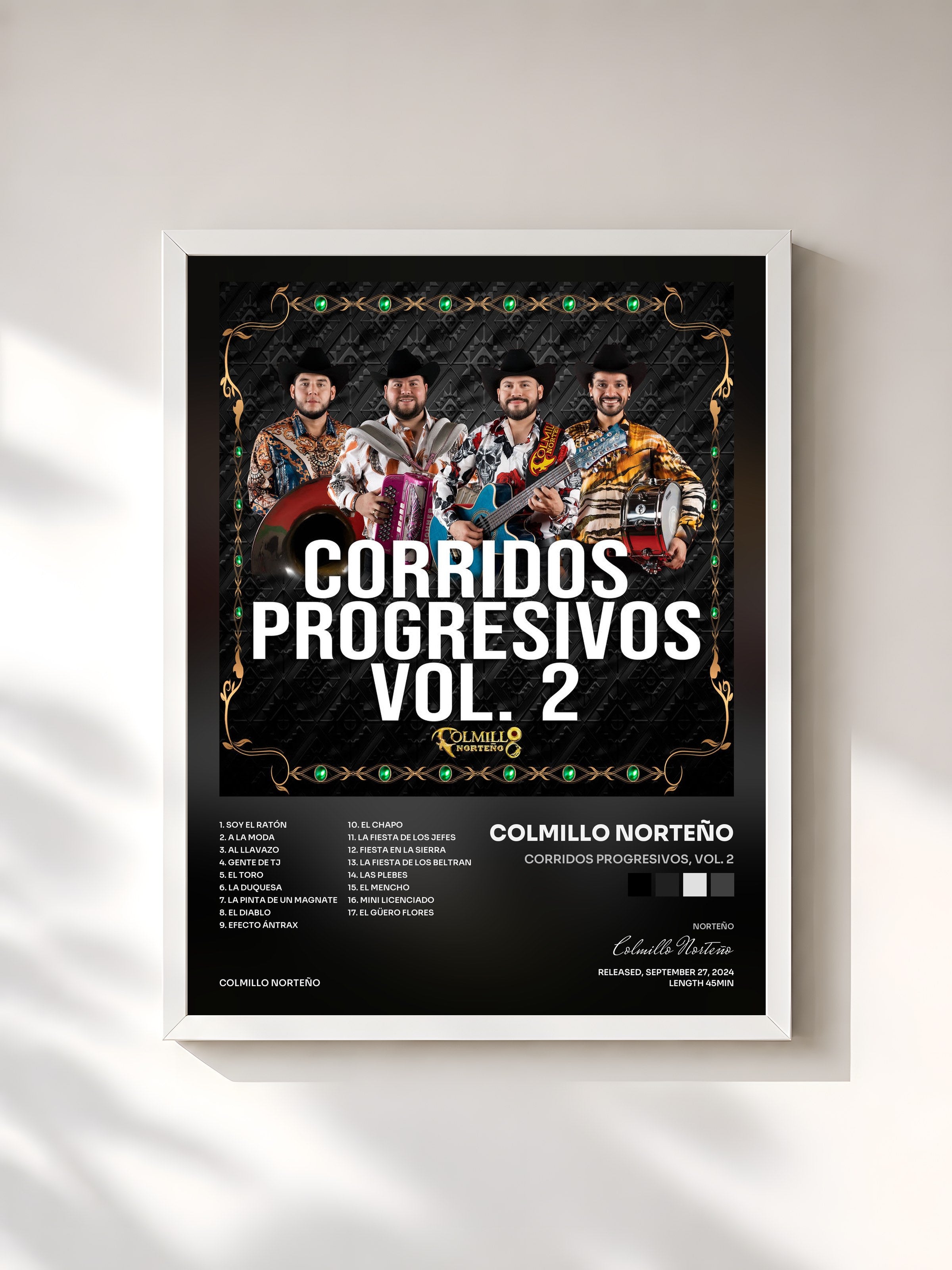 #blanc Tableau de l'album Corridos Progresivos, Vol. 2 de Colmillo Norteño, cadre blanc, imprimé et encadré en France
