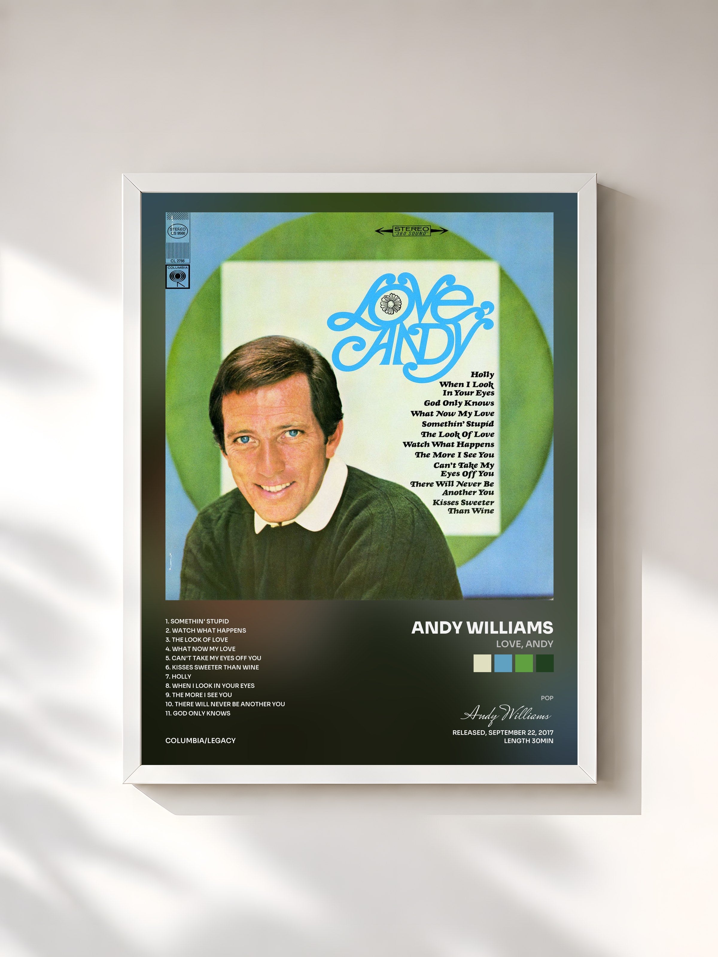 #blanc Tableau de l'album Love, Andy de Andy Williams, cadre blanc, imprimé et encadré en France