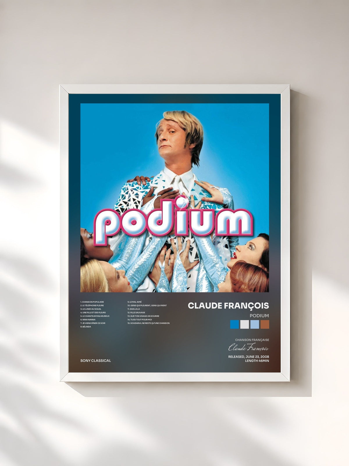#blanc Tableau de l'album PODIUM de Claude François, cadre blanc, imprimé et encadré en France