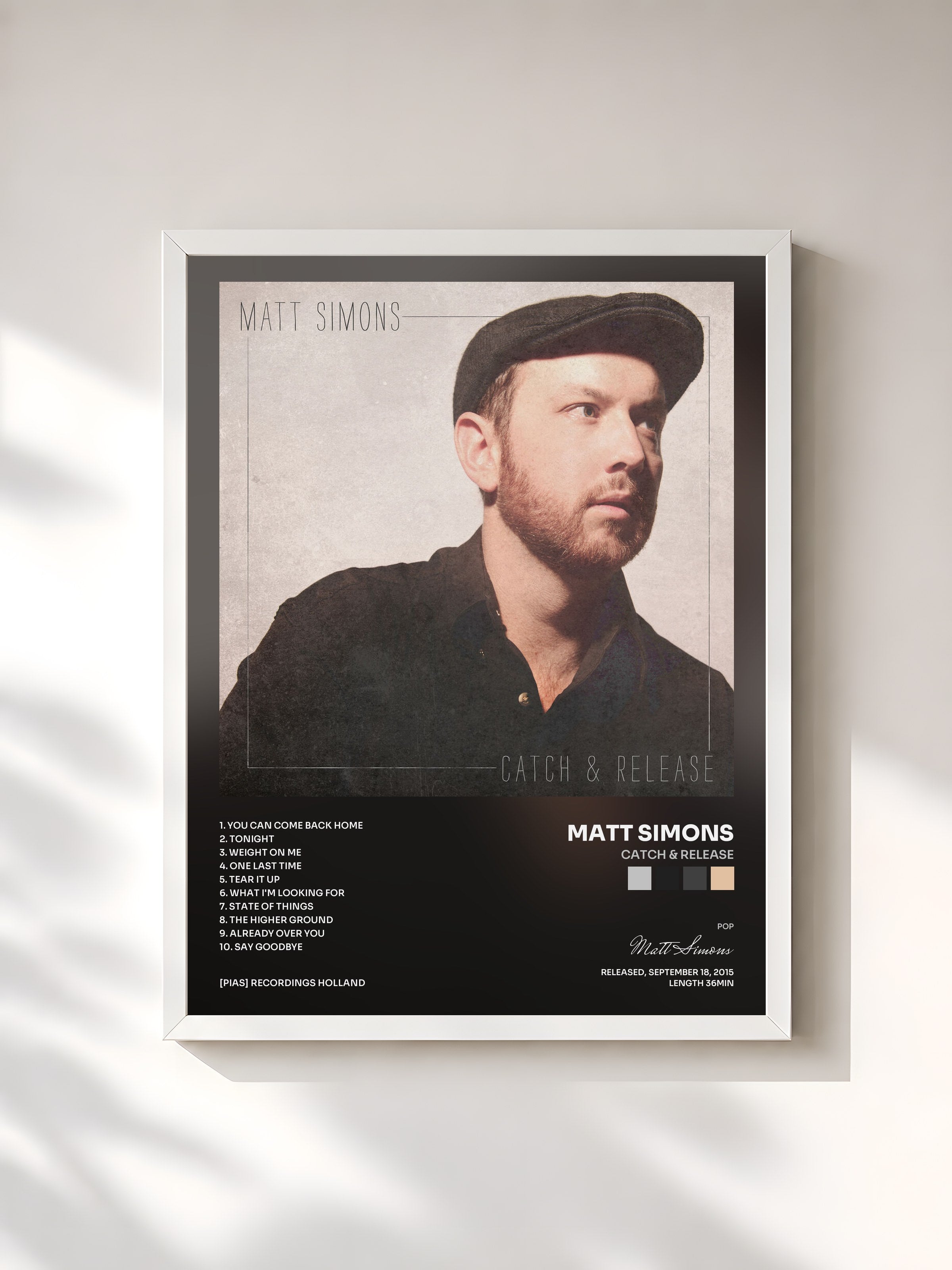 #blanc Tableau de l'album Catch & Release de Matt Simons, cadre blanc, imprimé et encadré en France