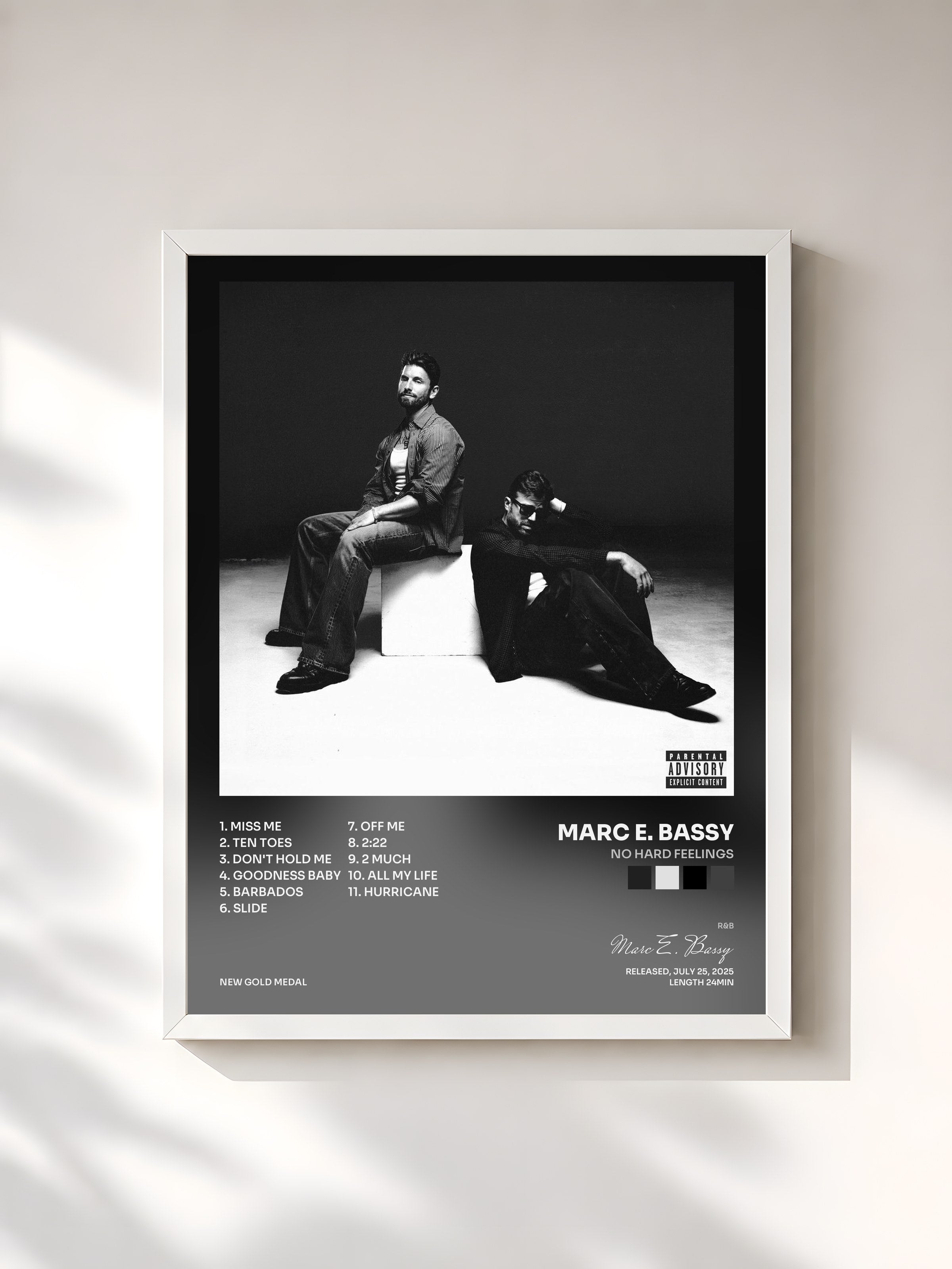 #blanc Tableau de l'album NO HArD FEELINGS de Marc E. Bassy, cadre blanc, imprimé et encadré en France