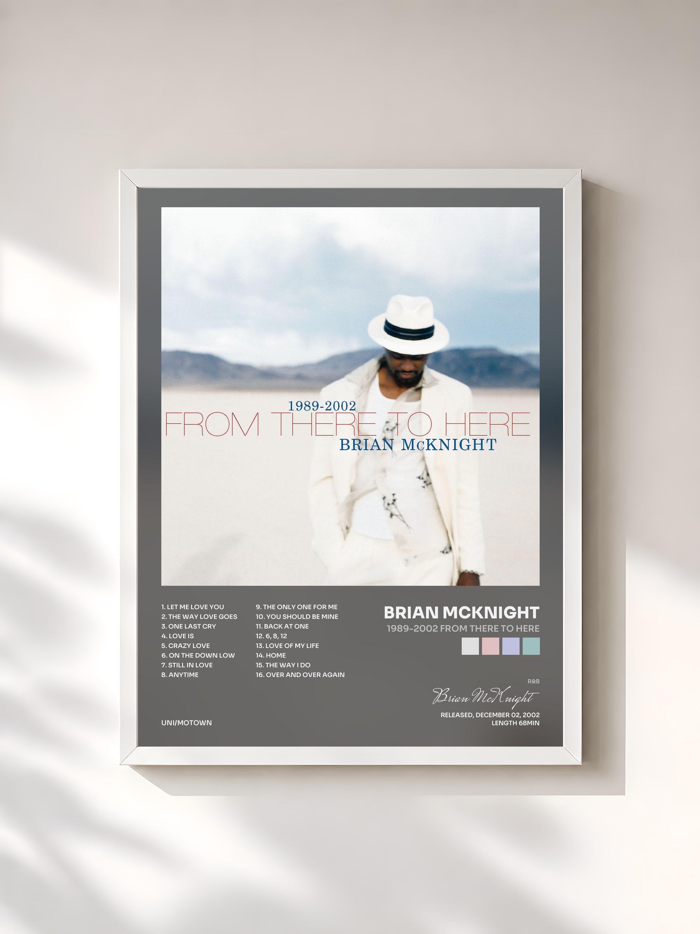 #blanc Tableau de l'album 1989-2002 From There To Here de Brian McKnight, cadre blanc, imprimé et encadré en France
