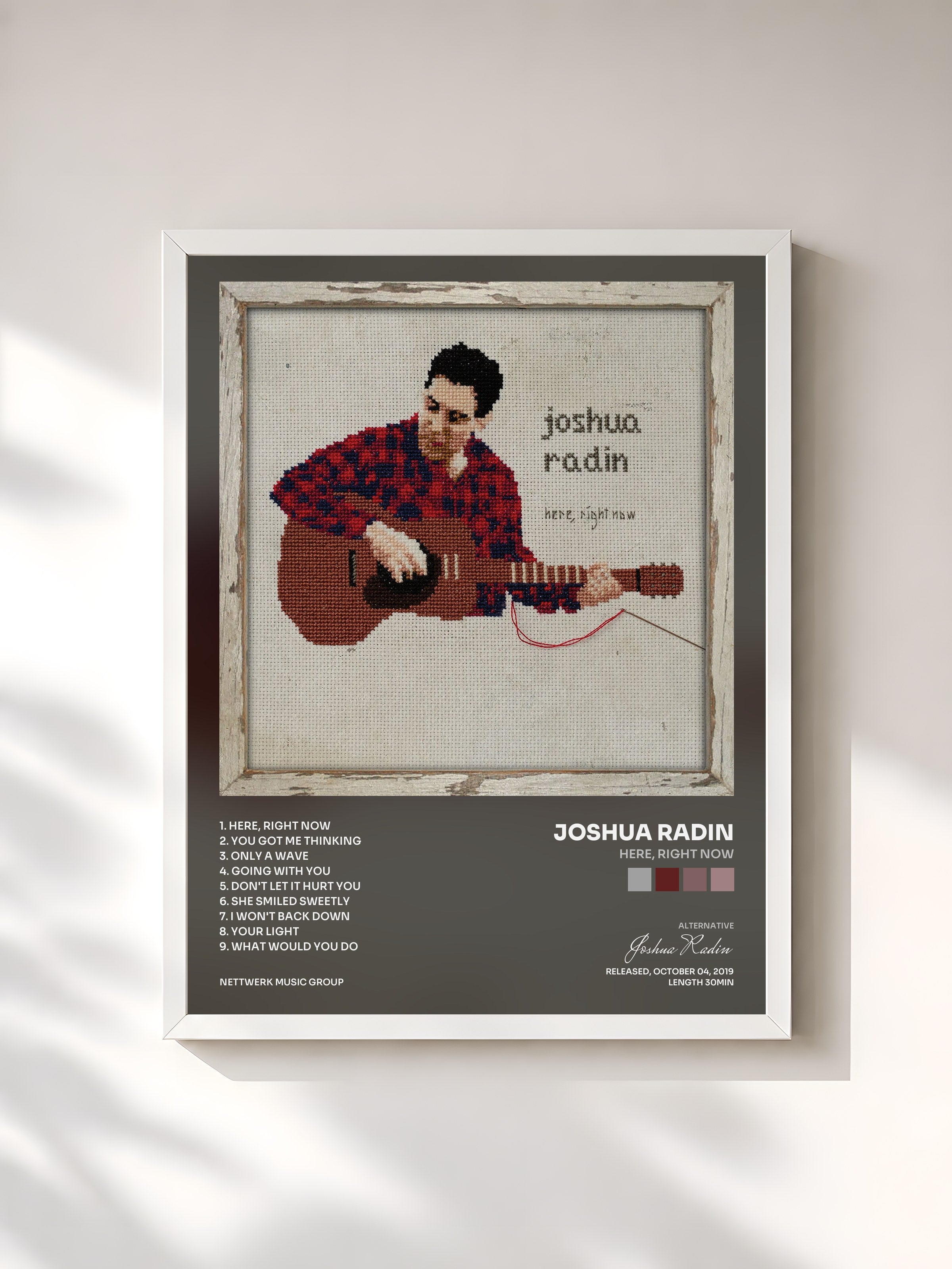 #blanc Tableau de l'album Here, Right Now de Joshua Radin, cadre blanc, imprimé et encadré en France