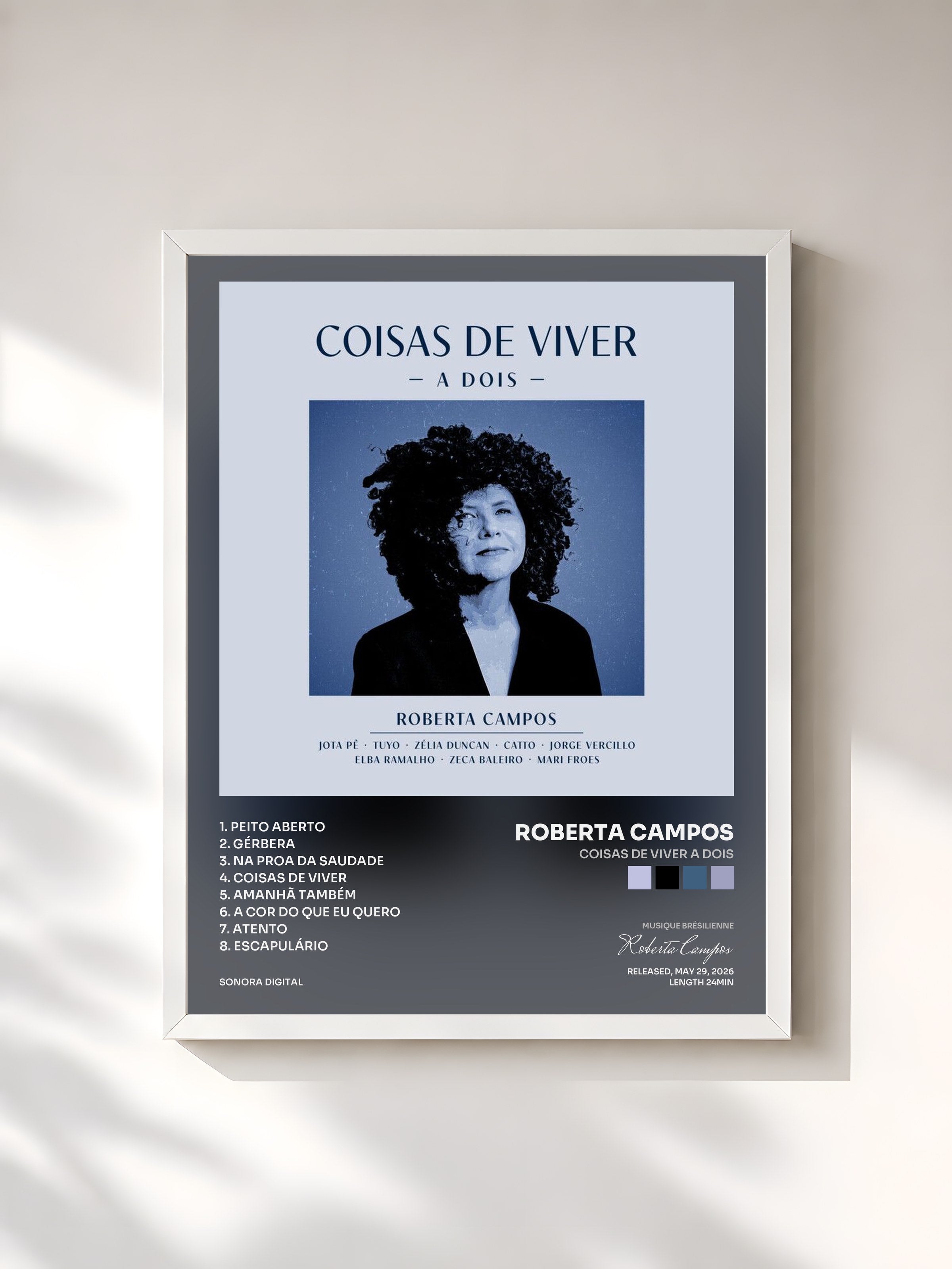 #blanc Tableau de l'album Coisas de Viver a Dois de Roberta Campos, cadre blanc, imprimé et encadré en France