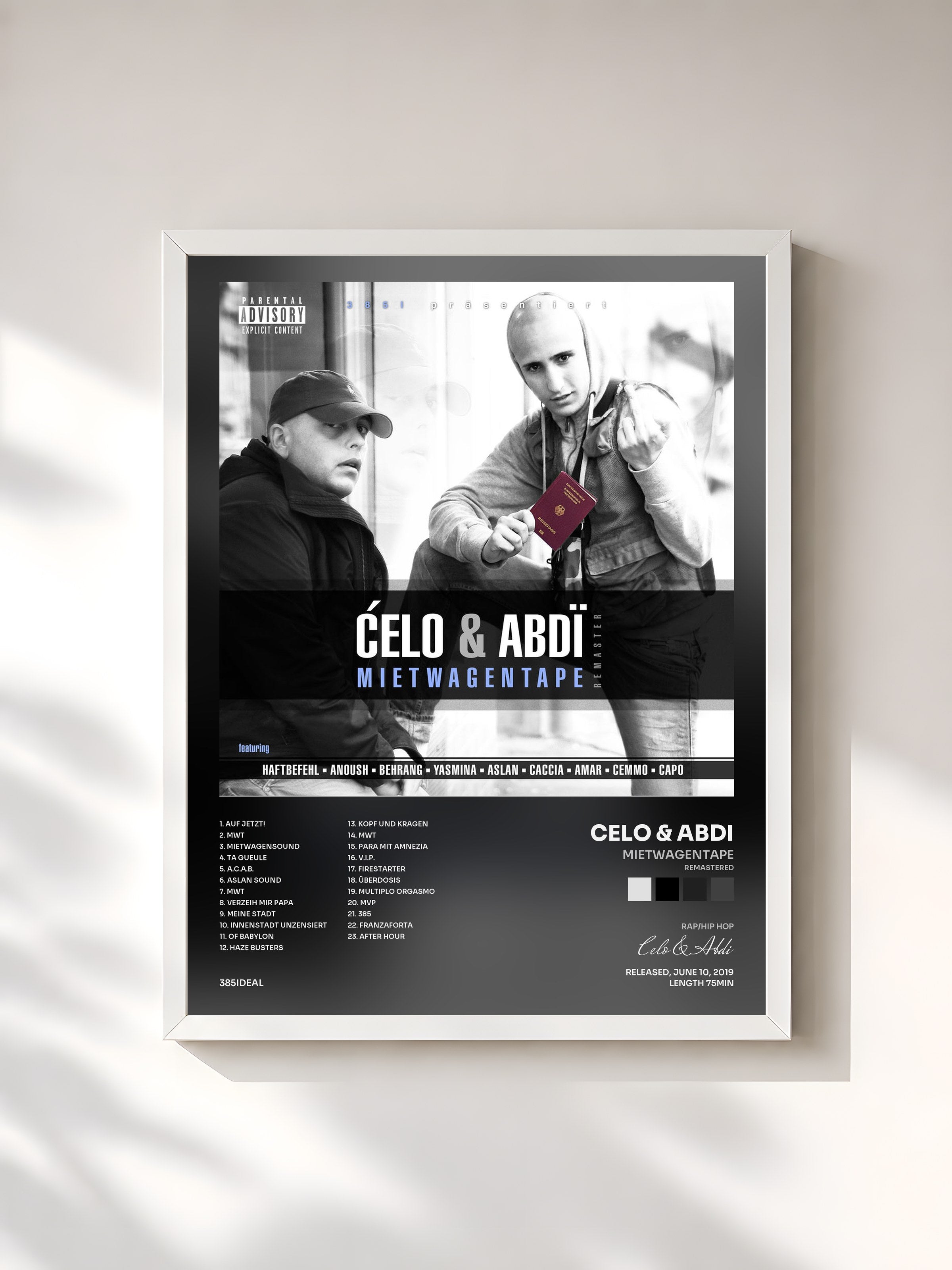 #blanc Tableau de l'album Mietwagentape (Remastered) de Celo & Abdi, cadre blanc, imprimé et encadré en France