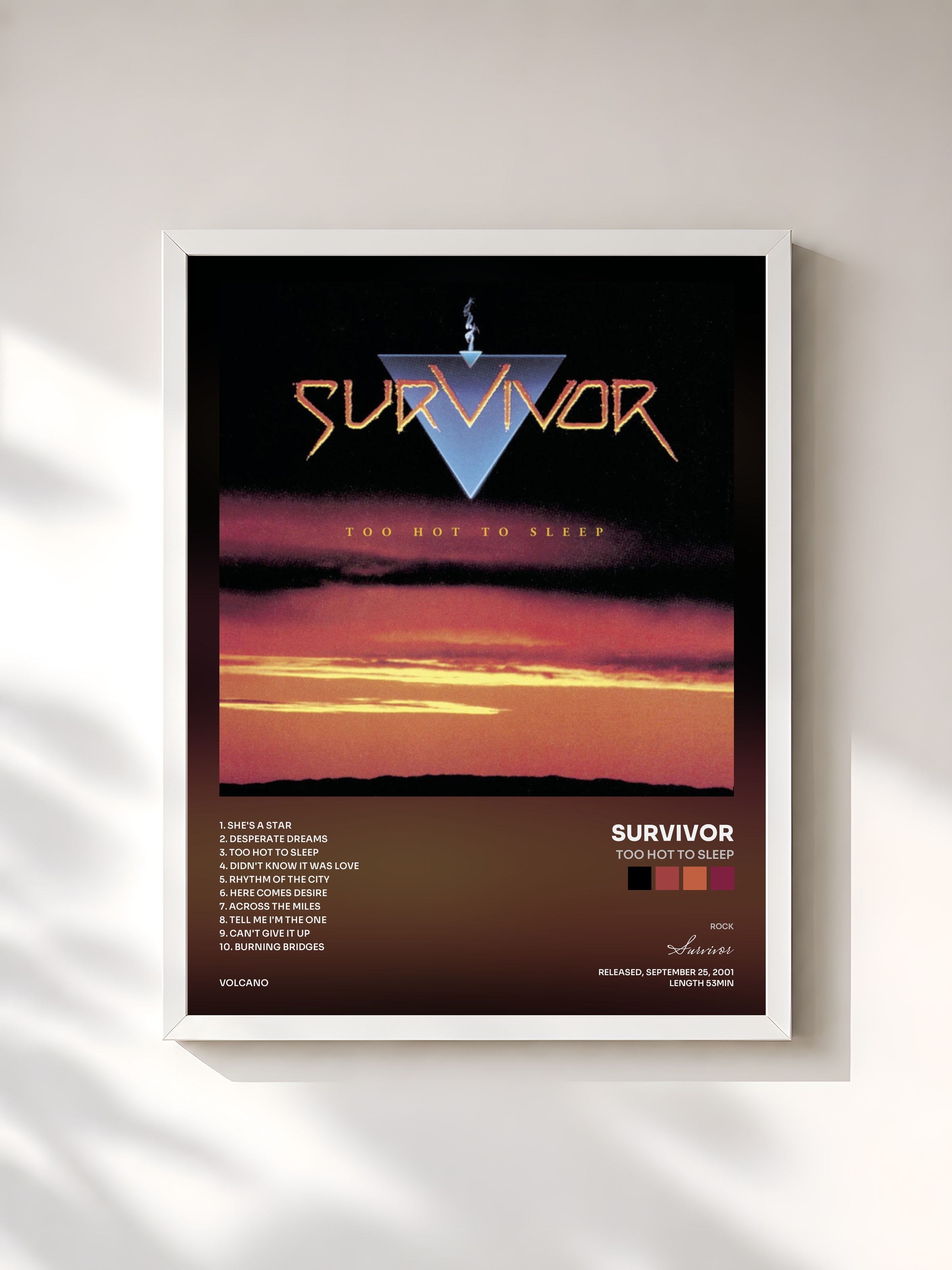 #blanc Tableau de l'album Too Hot to Sleep de Survivor, cadre blanc, imprimé et encadré en France