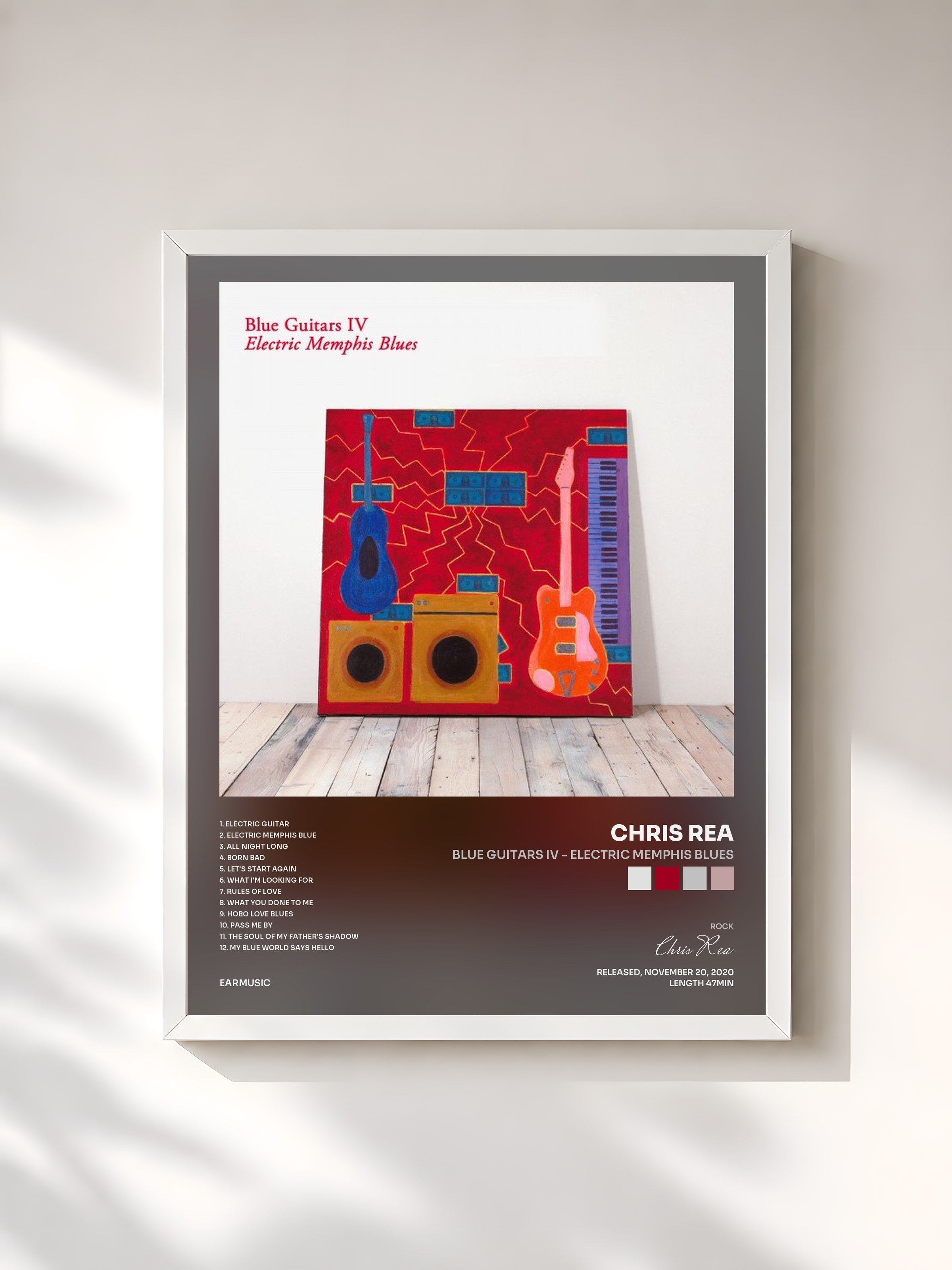 #blanc Tableau de l'album Blue Guitars IV - Electric Memphis Blues de Chris Rea, cadre blanc, imprimé et encadré en France