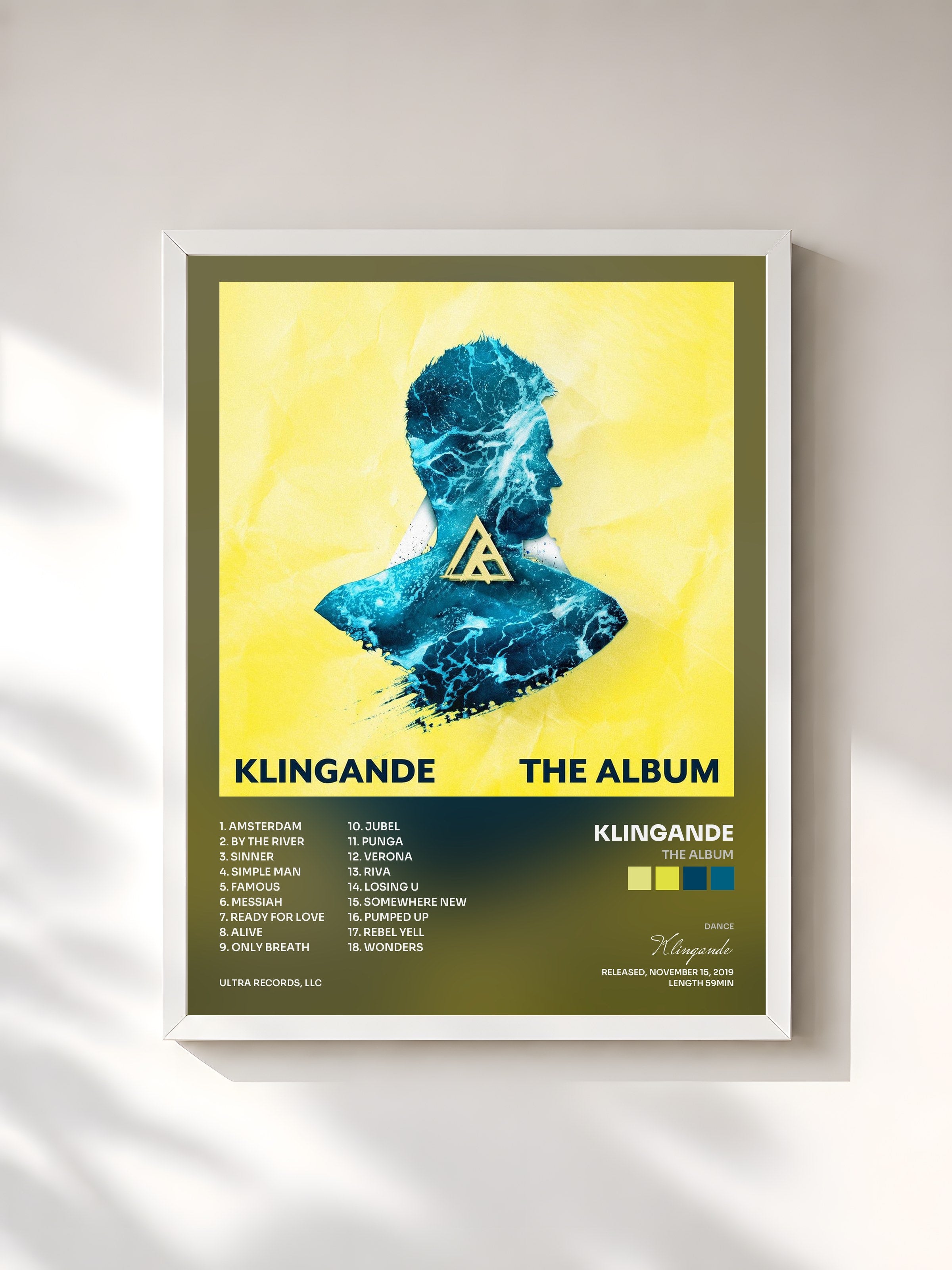 #blanc Tableau de l'album The Album de Klingande, cadre blanc, imprimé et encadré en France