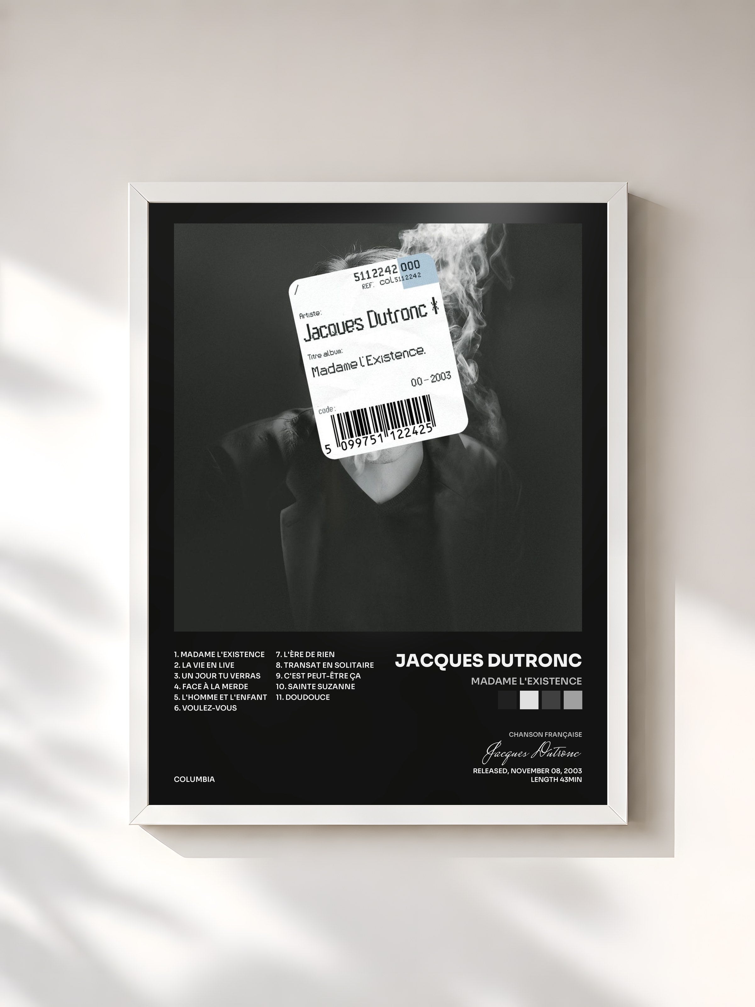 #blanc Tableau de l'album Madame l'existence de Jacques Dutronc, cadre blanc, imprimé et encadré en France